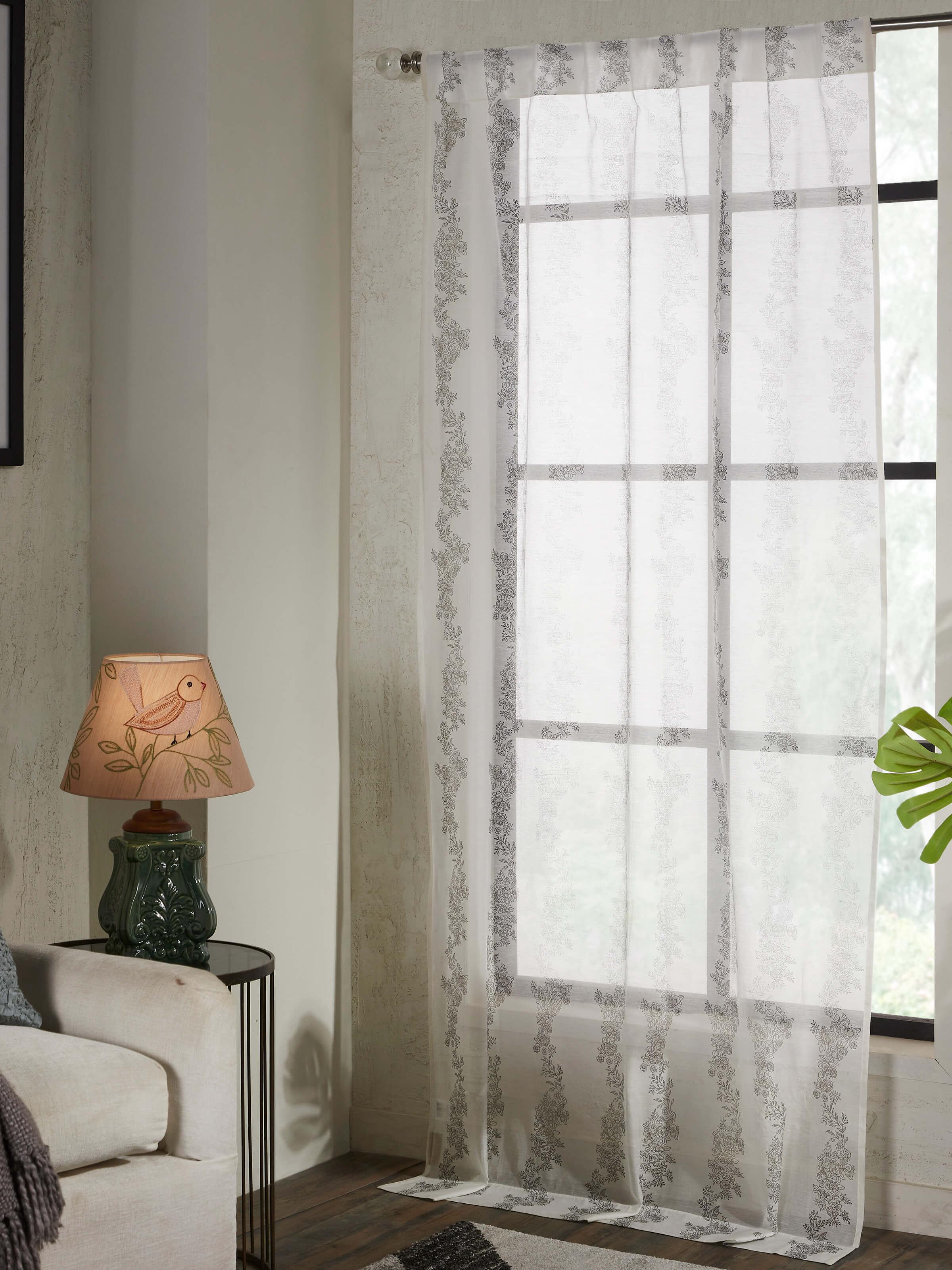 Close-up of Shivranjini Ivory Floral Cotton Silk Sanganeri Block Printed Curtain (7 ft), highlighting the detailed floral print.