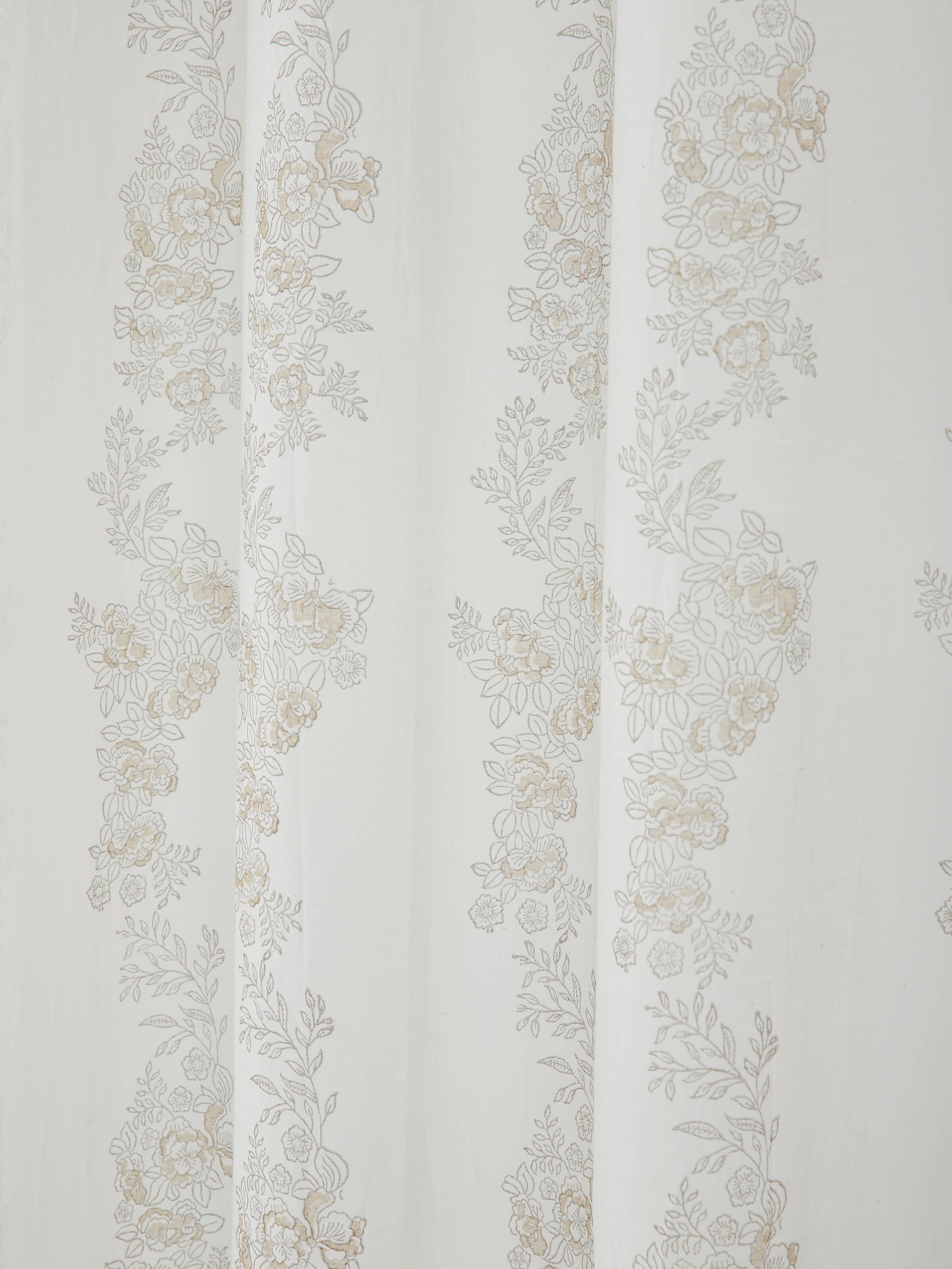 Side view of Shivranjini Ivory Floral Cotton Silk Sanganeri Block Printed Curtain (7 ft), showing the curtain's drape and texture.