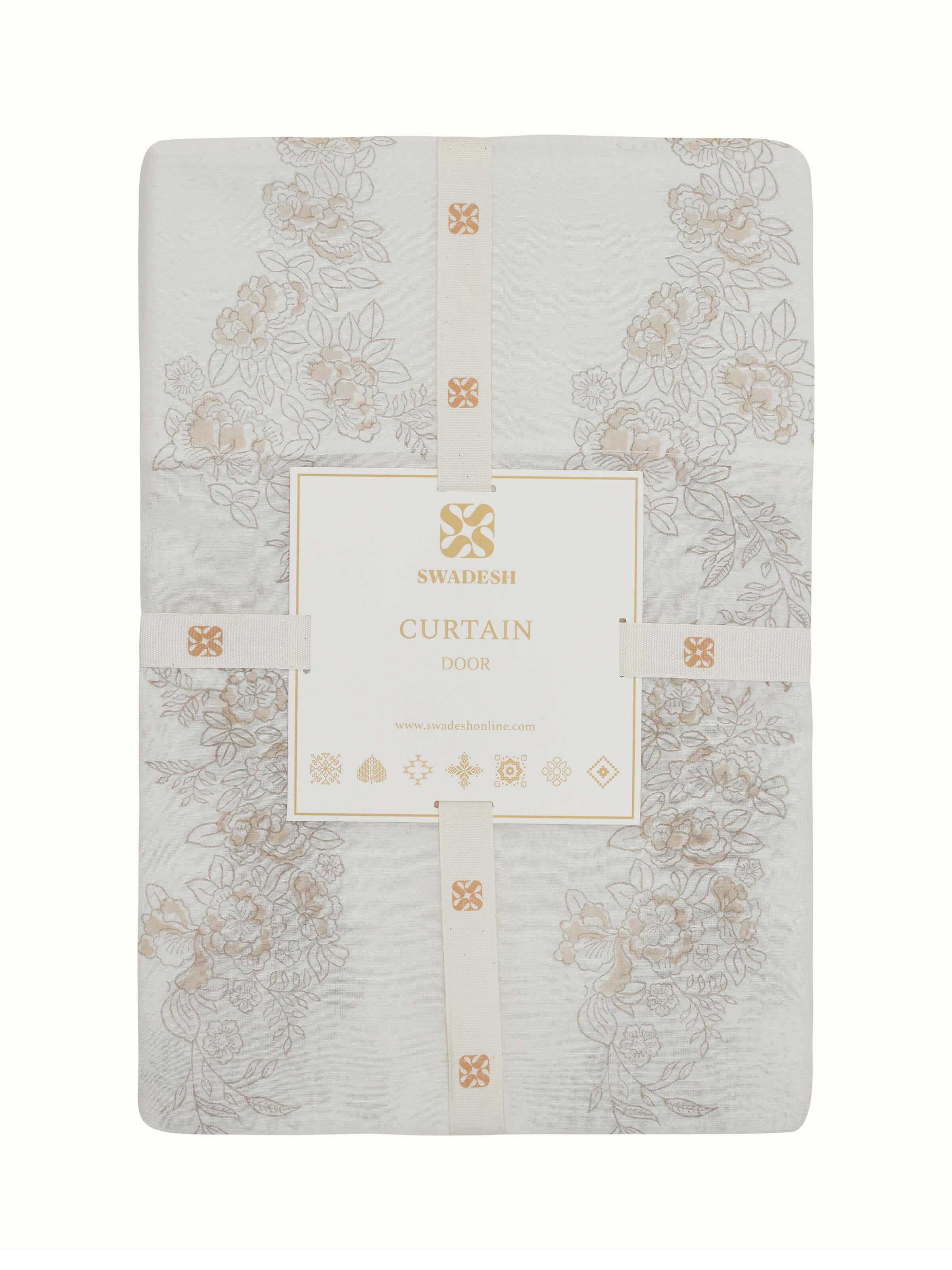 Detailed close-up of the floral design on Shivranjini Ivory Floral Cotton Silk Sanganeri Block Printed Curtain (7 ft).