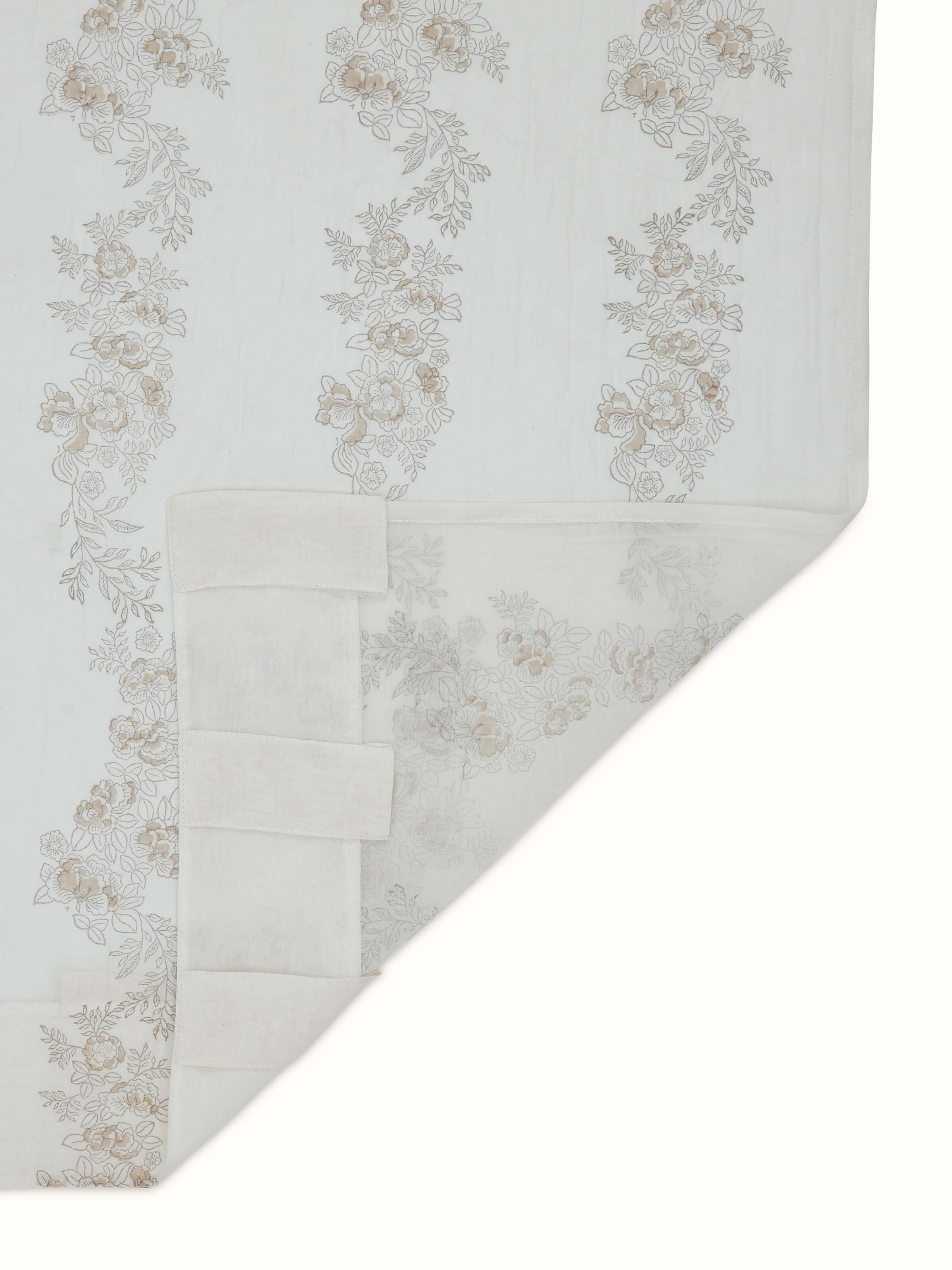 Full-length view of Shivranjini Ivory Floral Cotton Silk Sanganeri Block Printed Curtain (7 ft), showing its length and floral pattern.