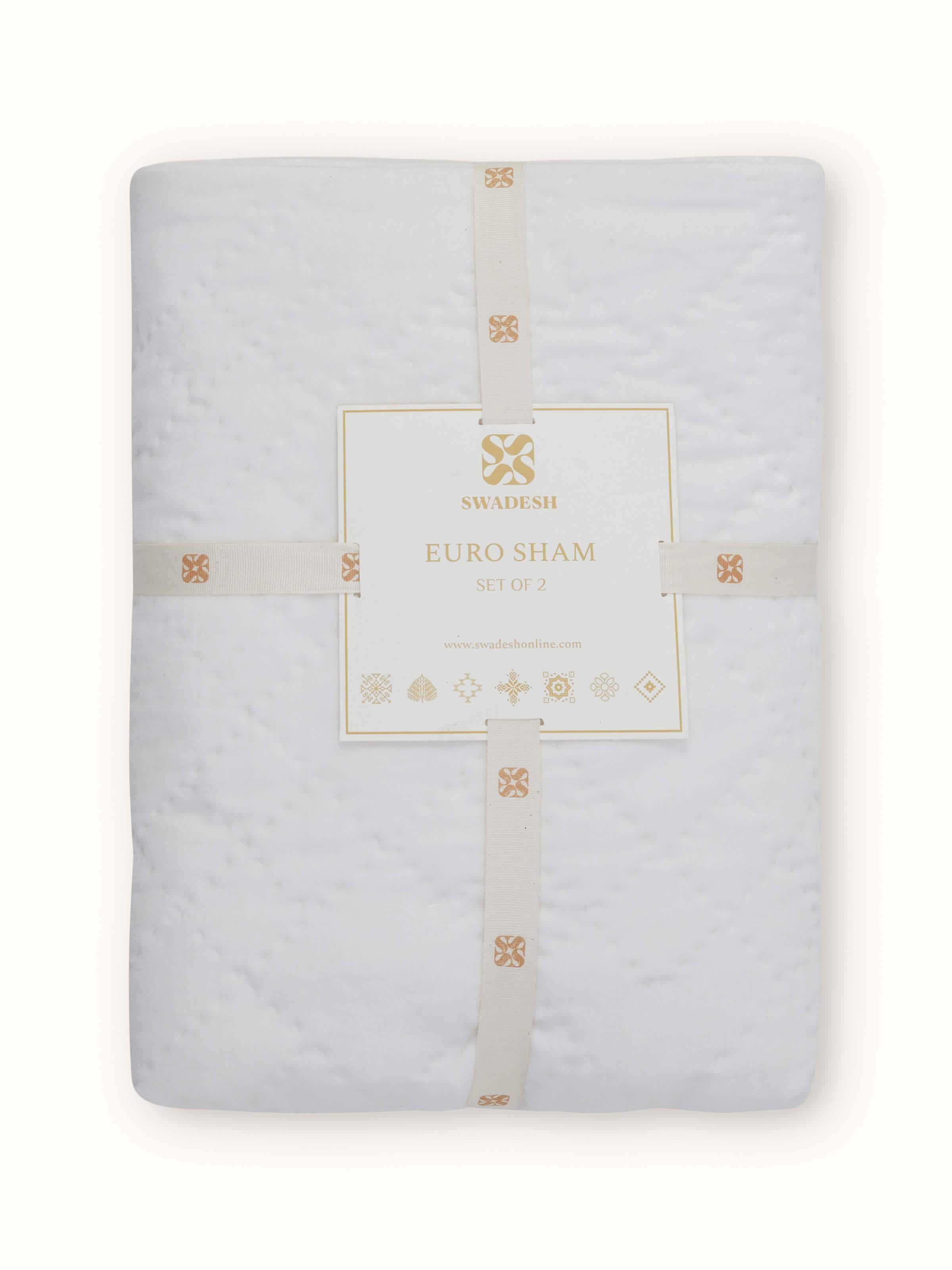 Side view of Shivranjini Ivory Textured Cotton Razai Embroidered Euro Shams (2 pcs) showing the depth and quality of the shams