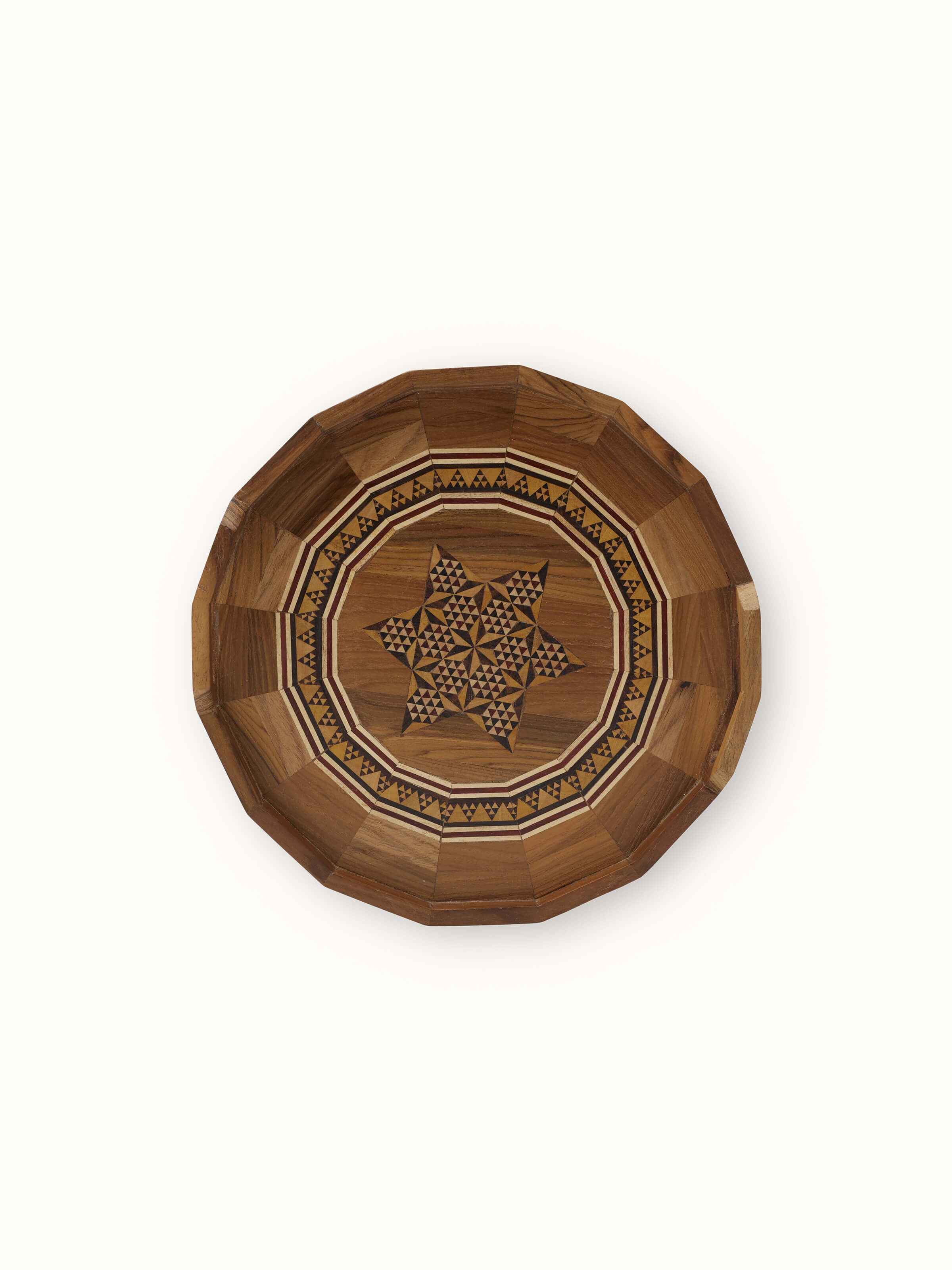 Front view of Marquetry wood & MDF serving tray showcasing intricate design details.