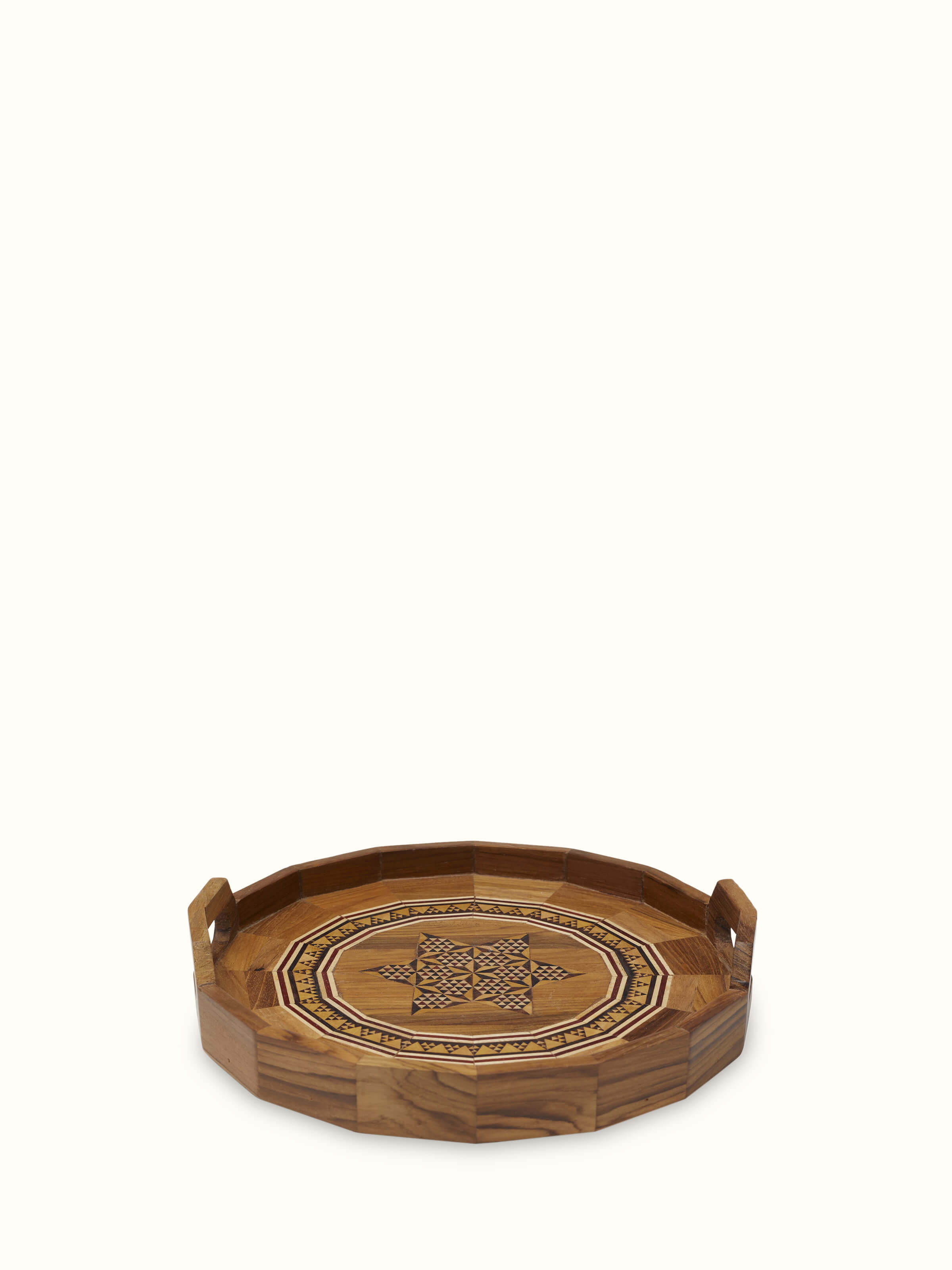 Angled view of Marquetry wood & MDF serving tray highlighting its elegant craftsmanship.