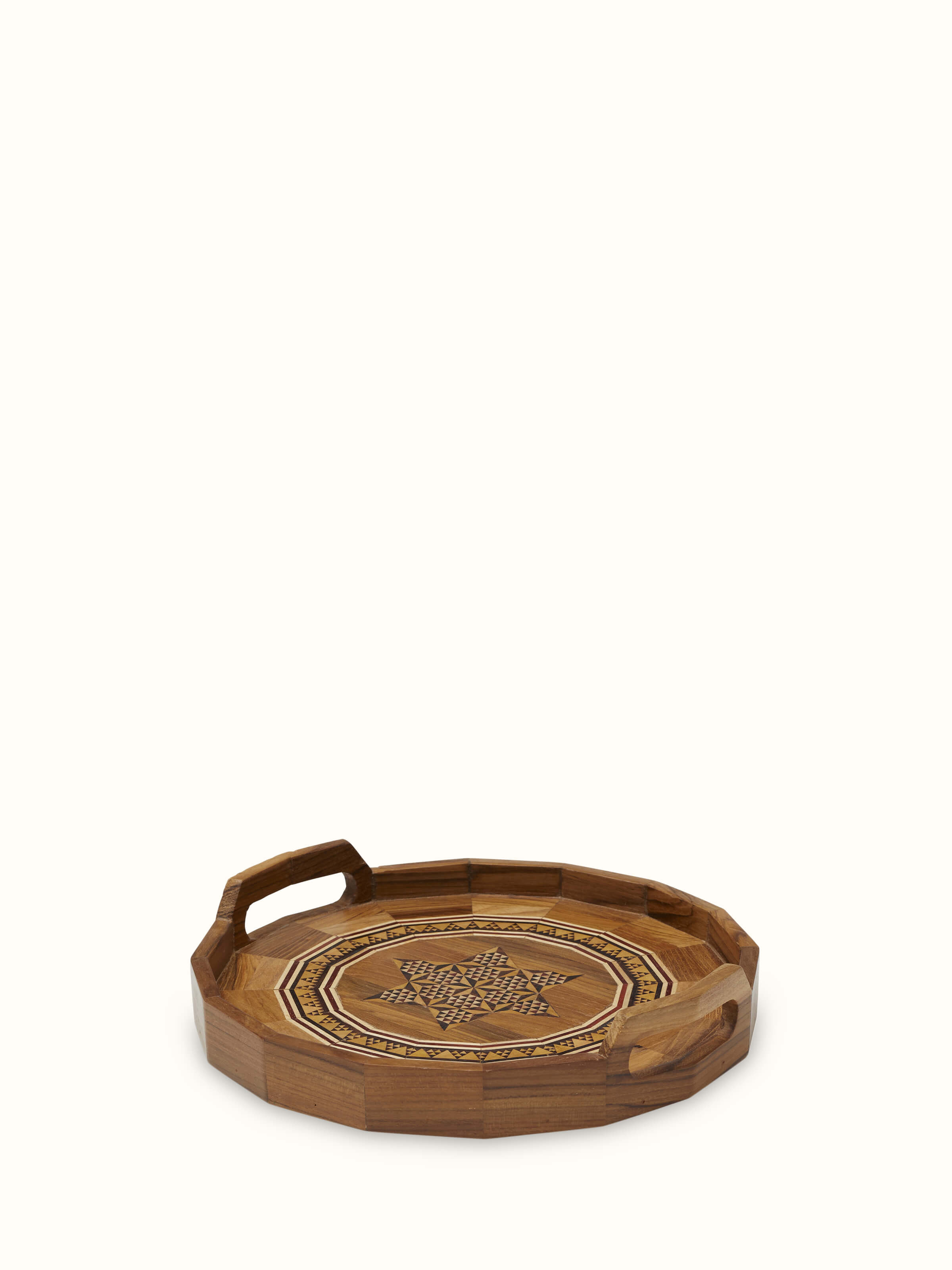 Top view of Marquetry wood & MDF serving tray revealing its decorative patterns.