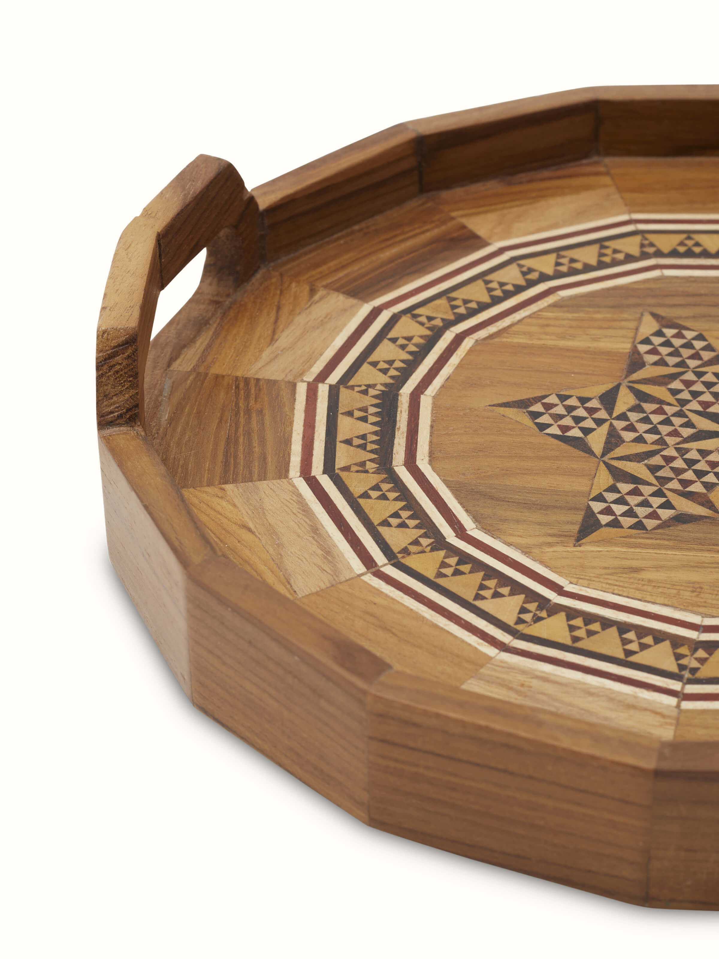 Close-up of Marquetry wood & MDF serving tray showcasing its detailed craftsmanship.