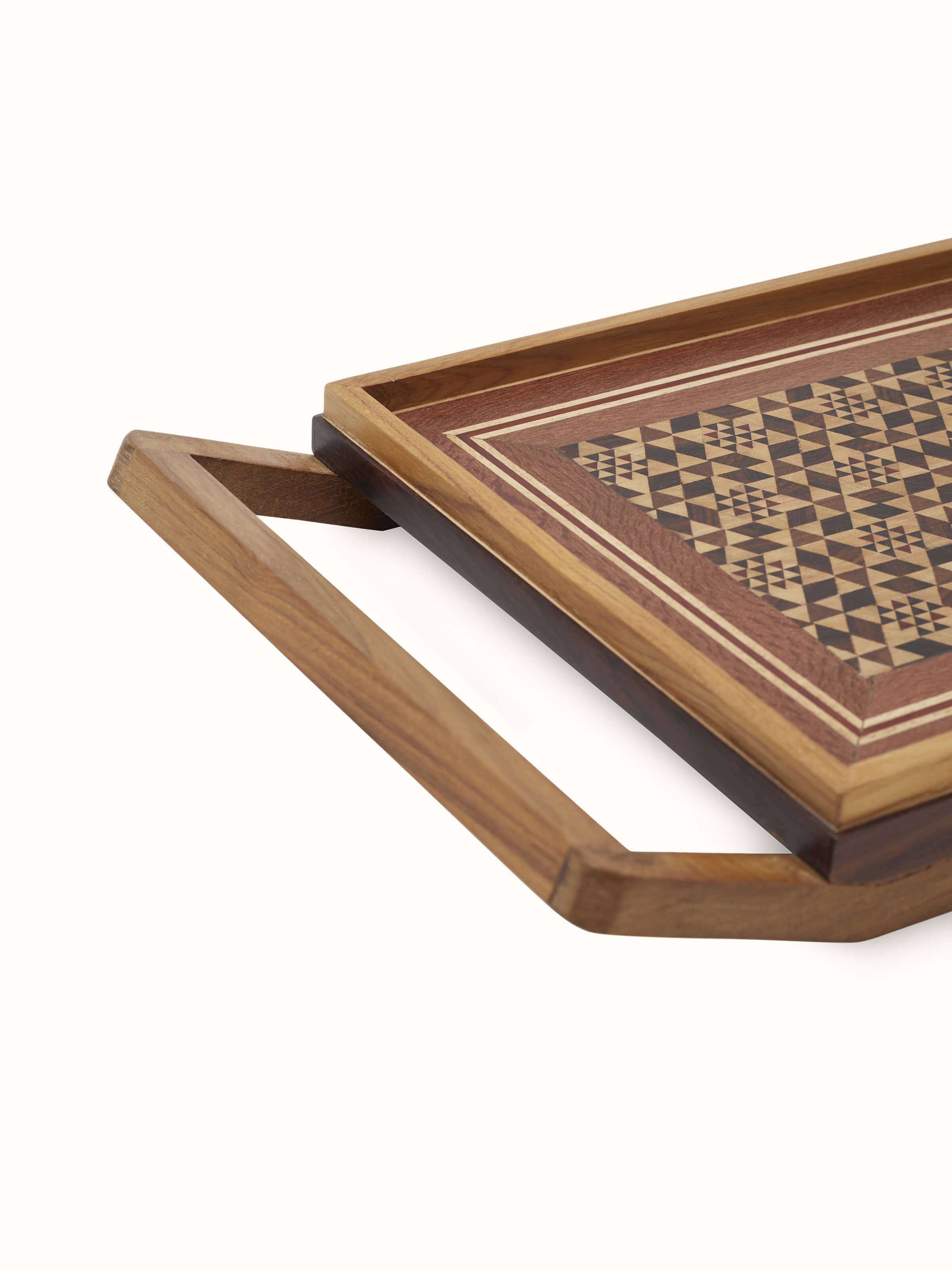 Marquetry wood and MDF serving tray with an emphasis on its decorative elements and smooth finish.