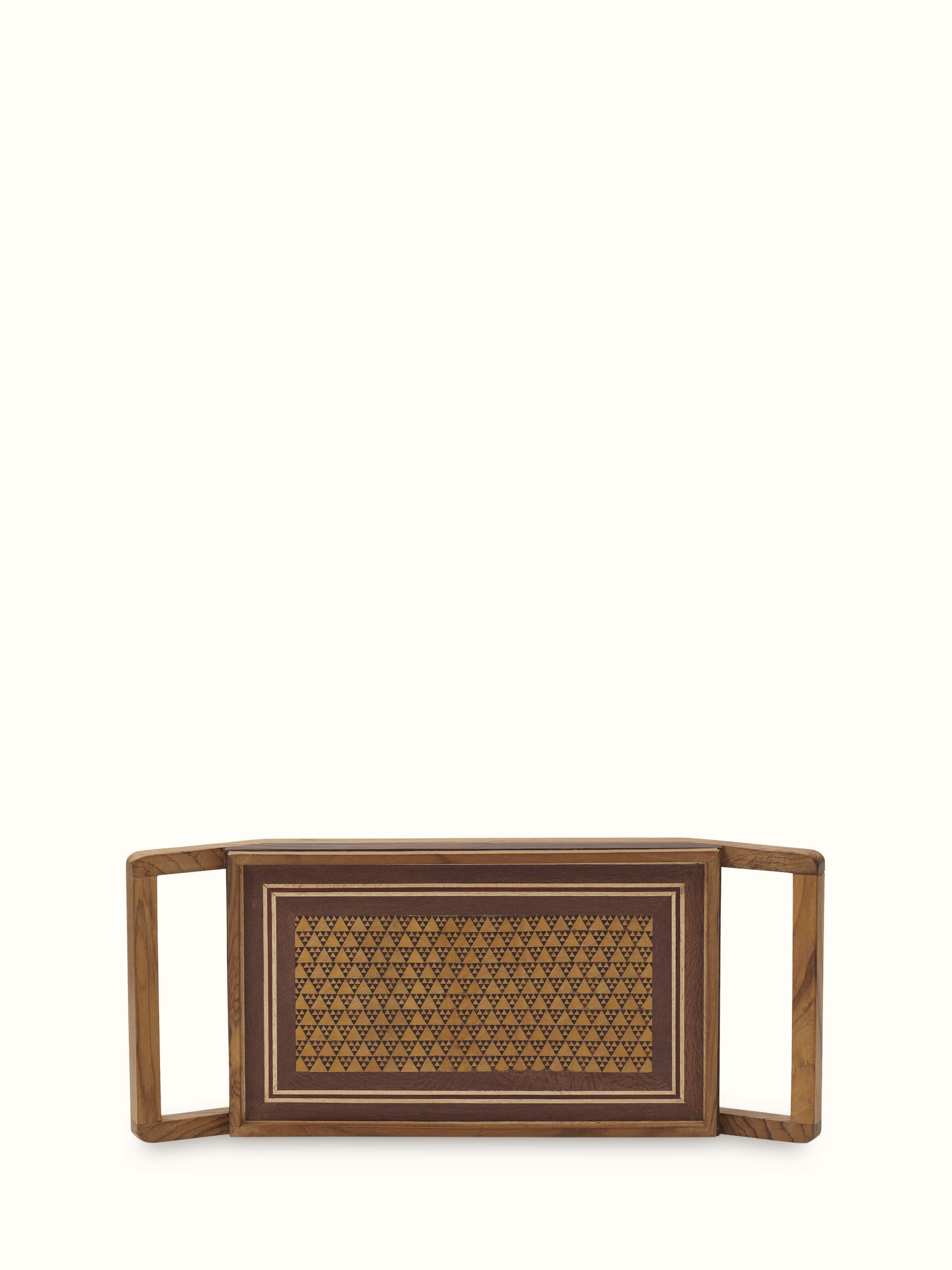 Side view of Marquetry wood & MDF serving tray (14 x 6 inches) with fine craftsmanship