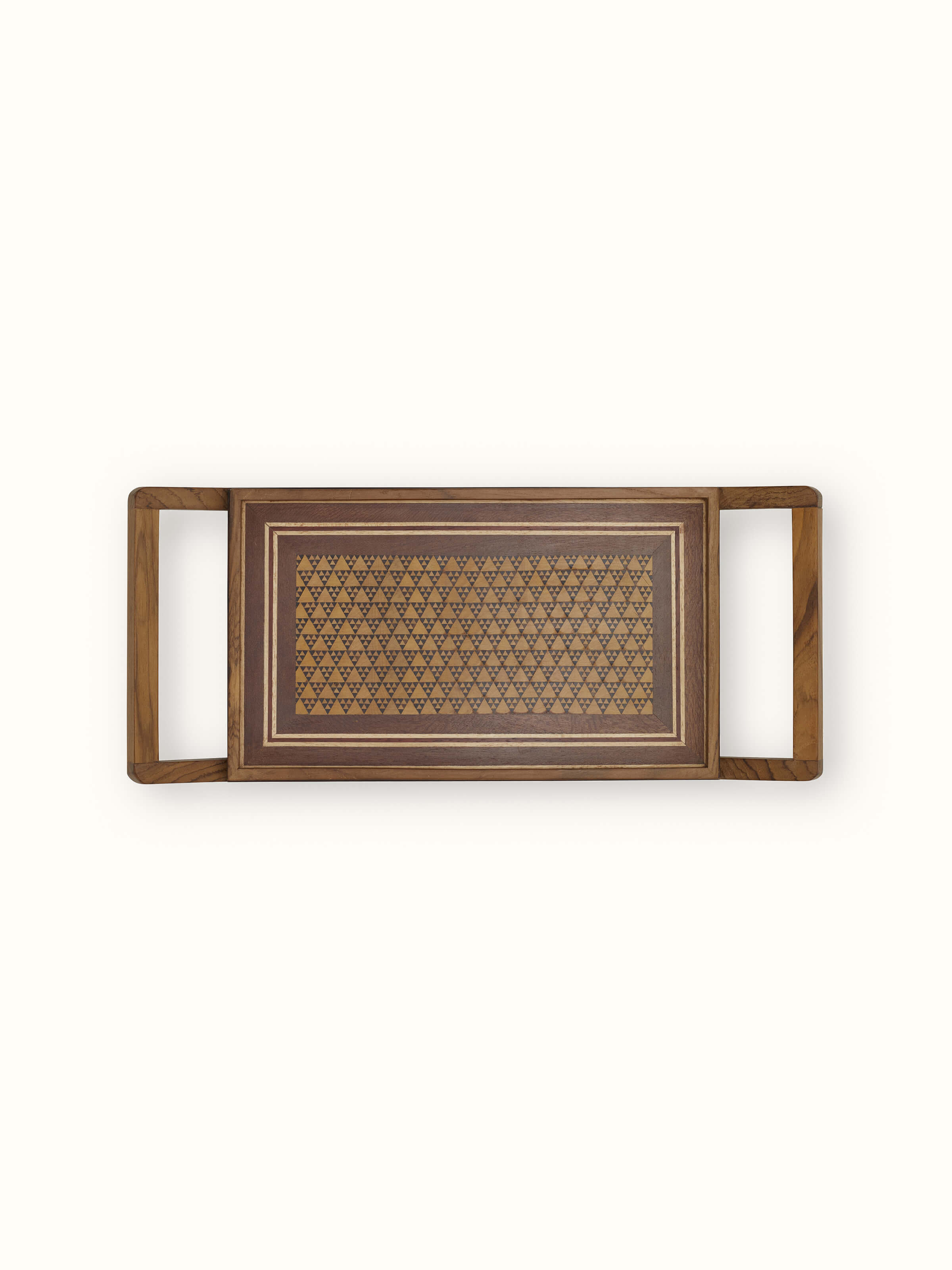 Front view of Marquetry wood & MDF serving tray (14 x 6 inches) with detailed inlay work