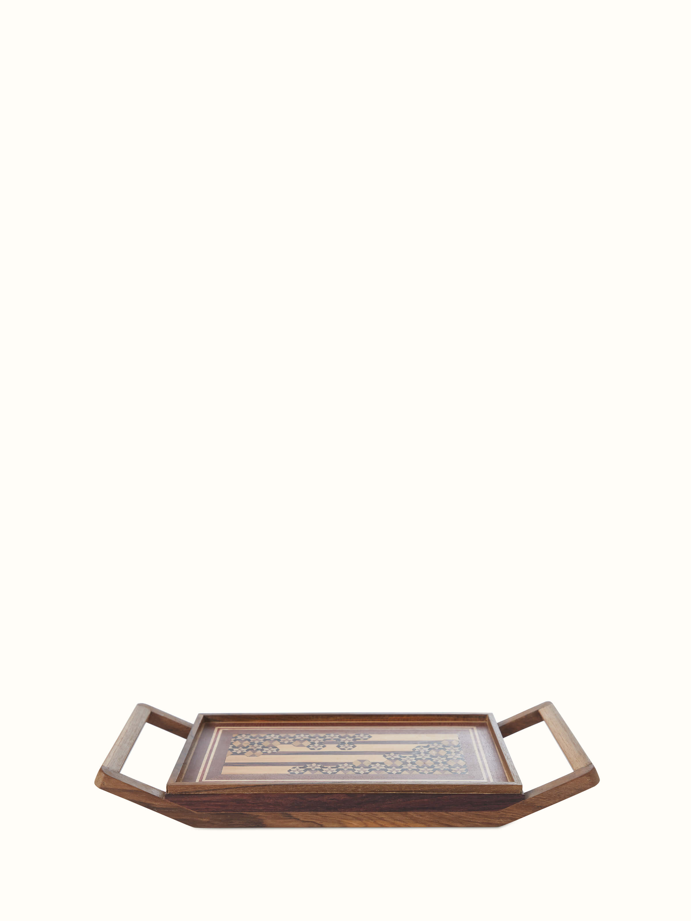 Front view of Marquetry wood & mdf serving tray walnut color
