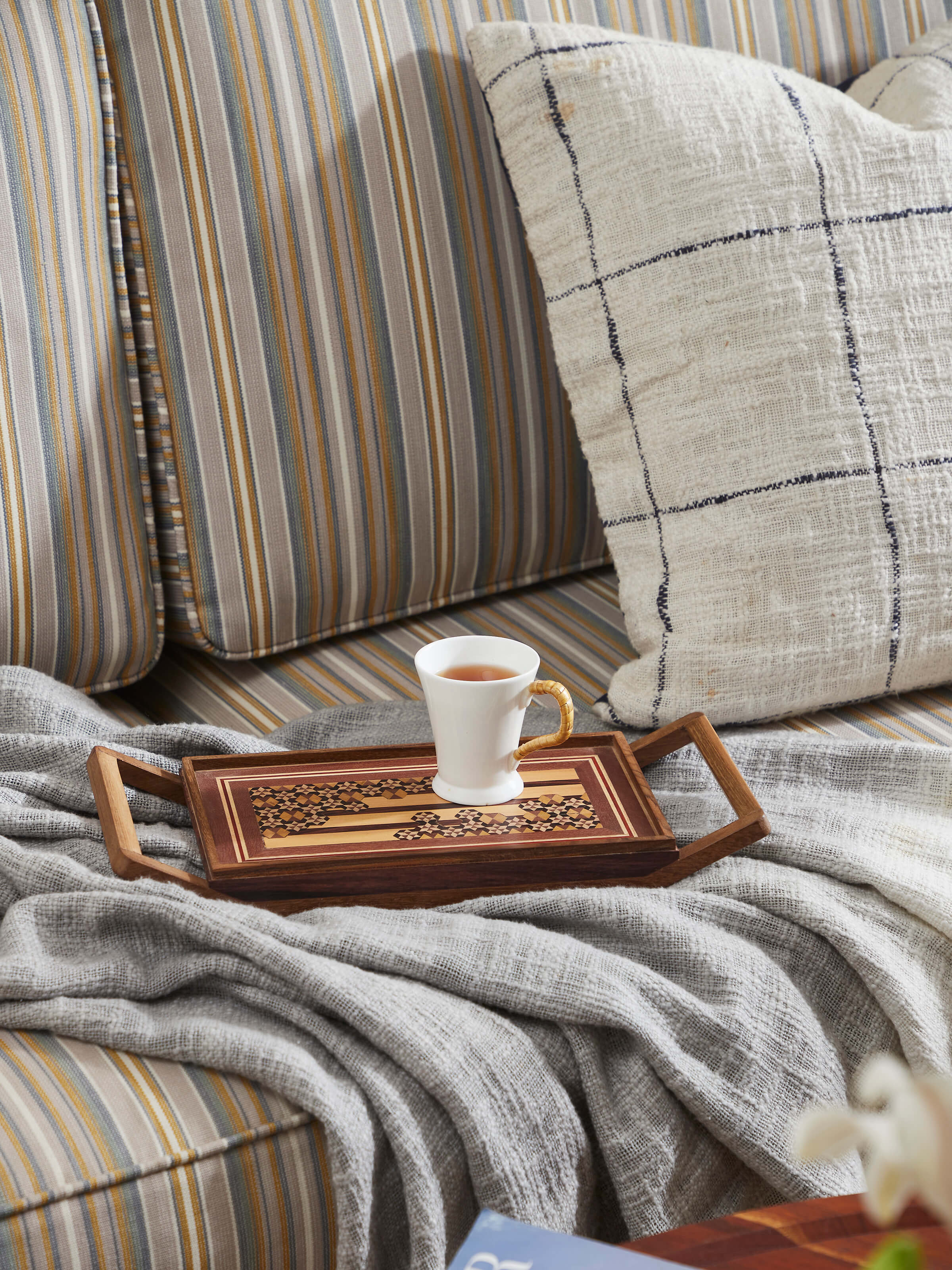 Side view of Marquetry wood & mdf serving tray walnut color