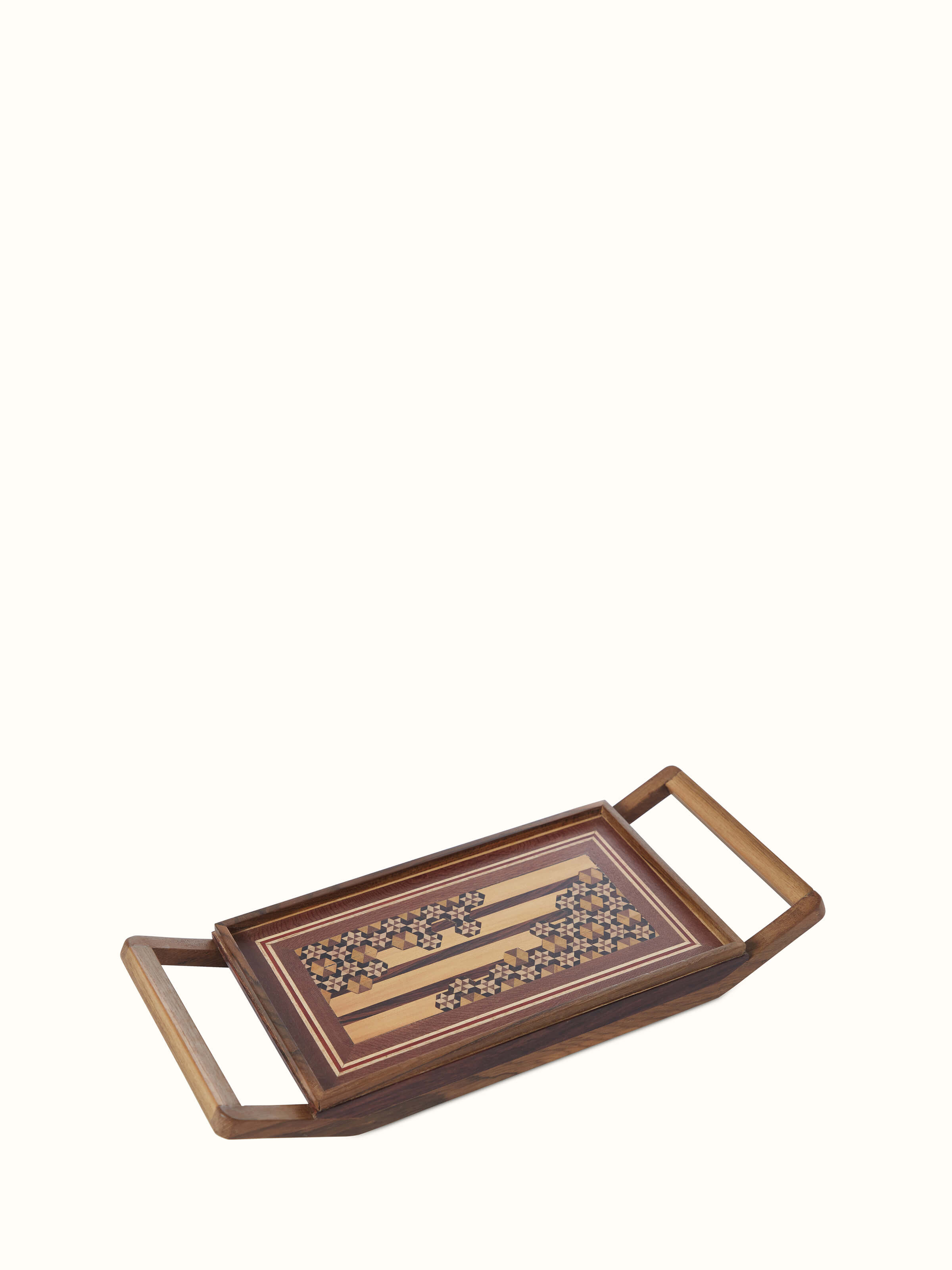 Angle view of Marquetry wood & mdf serving tray walnut color