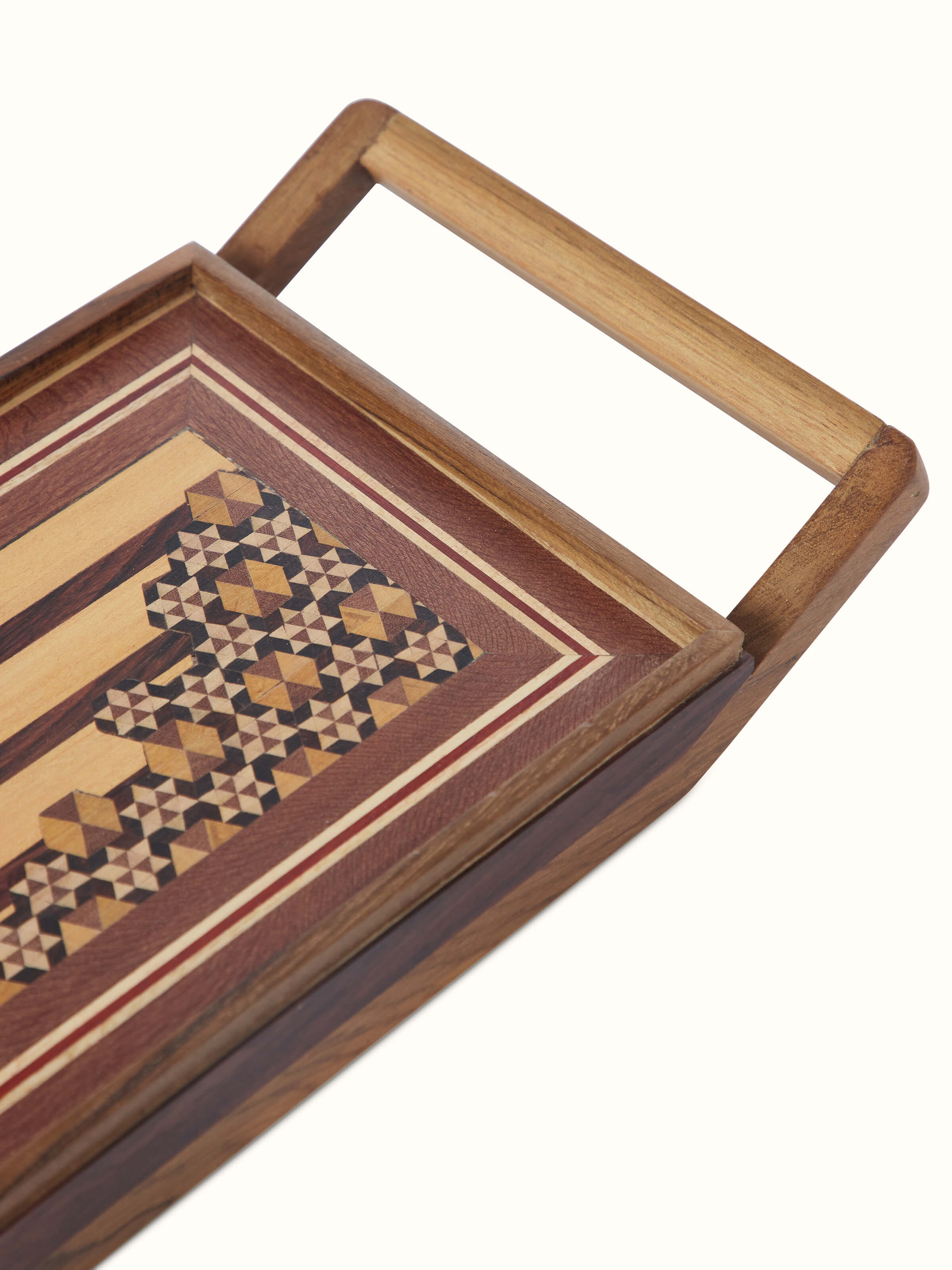 Close-up view of Marquetry wood & mdf serving tray walnut color