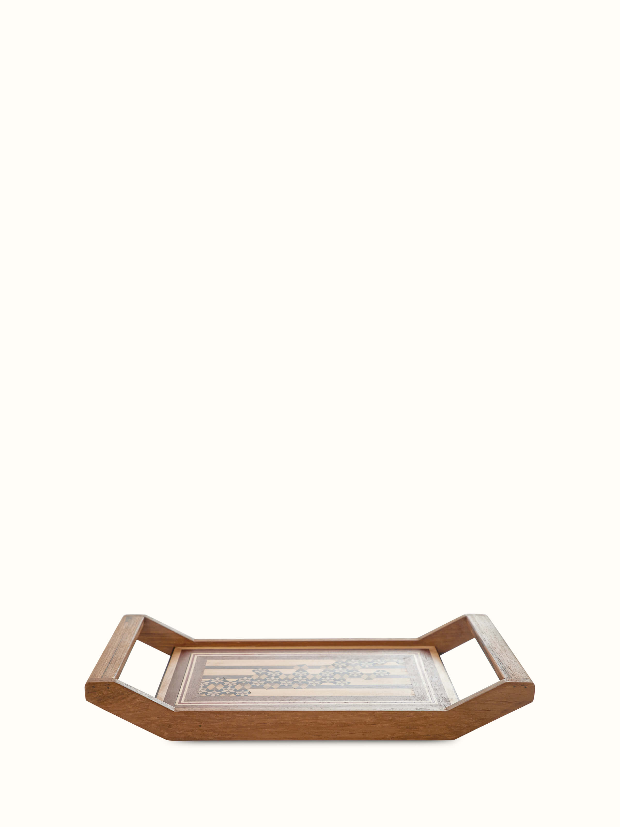 Front view of Marquetry wood & MDF serving tray in honey color showcasing intricate inlay design