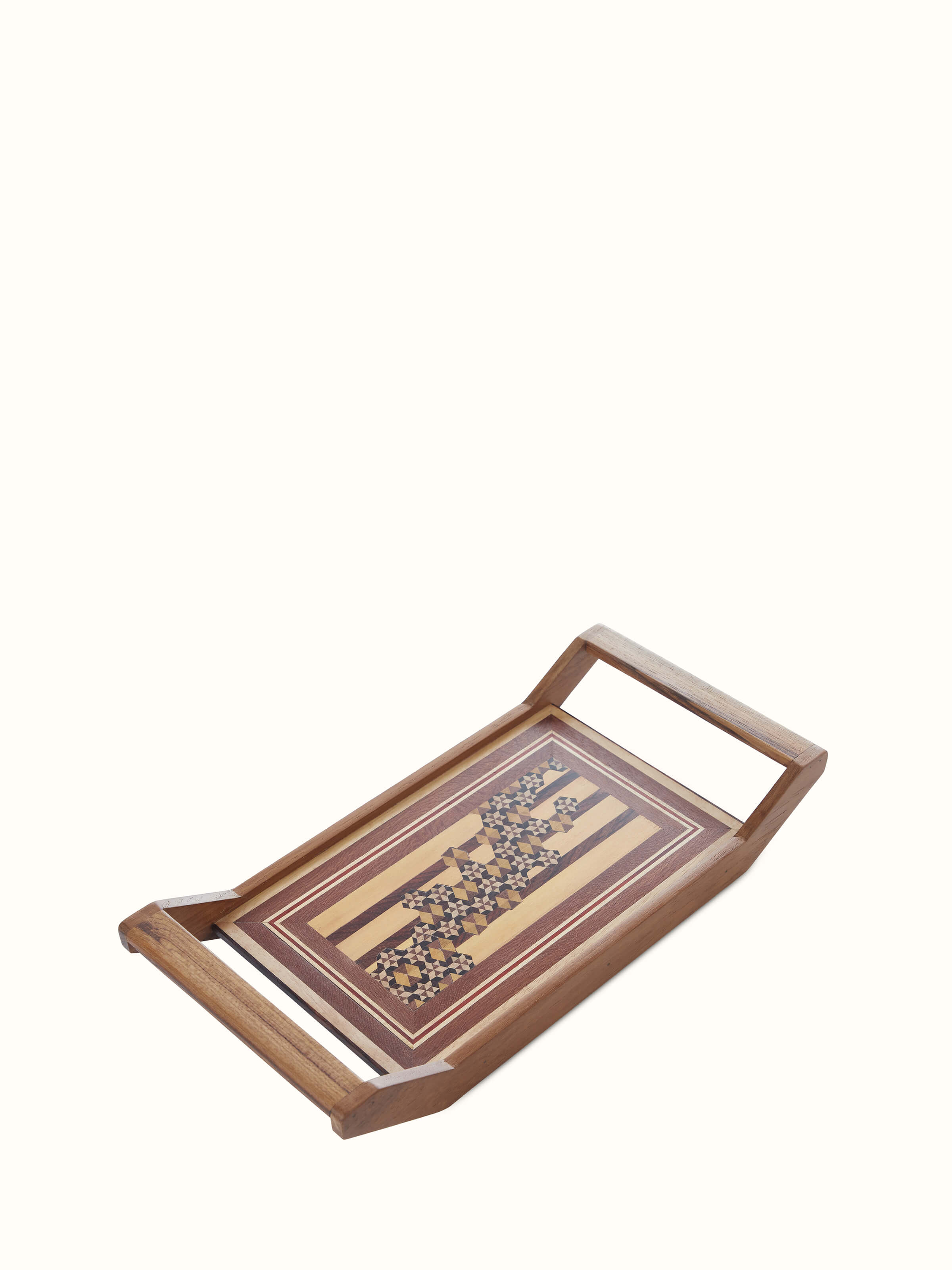 Angled view of Marquetry wood & MDF serving tray in honey color showing detailed marquetry
