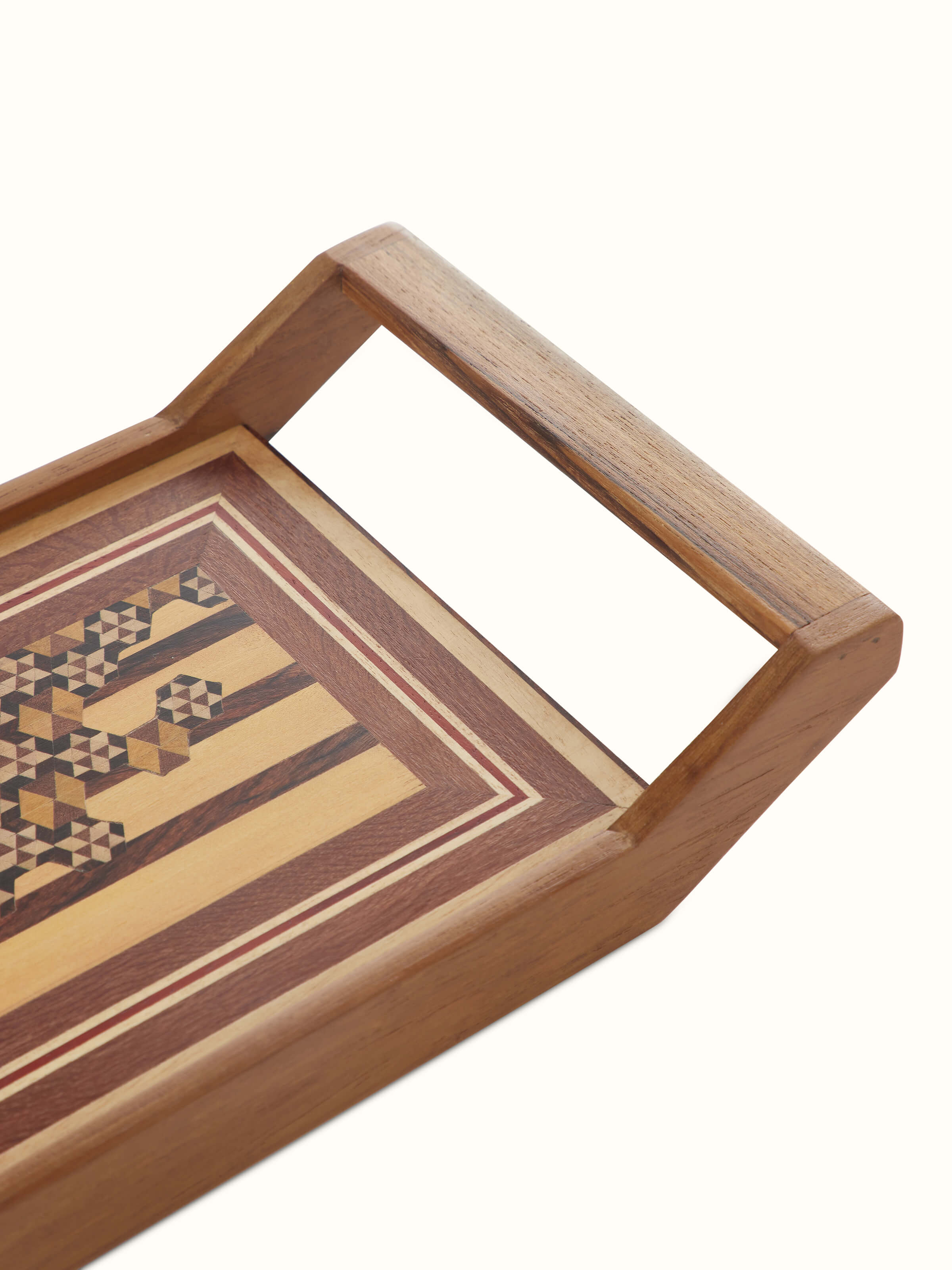 Detailed view of Marquetry wood & MDF serving tray in honey color with ornate design elements