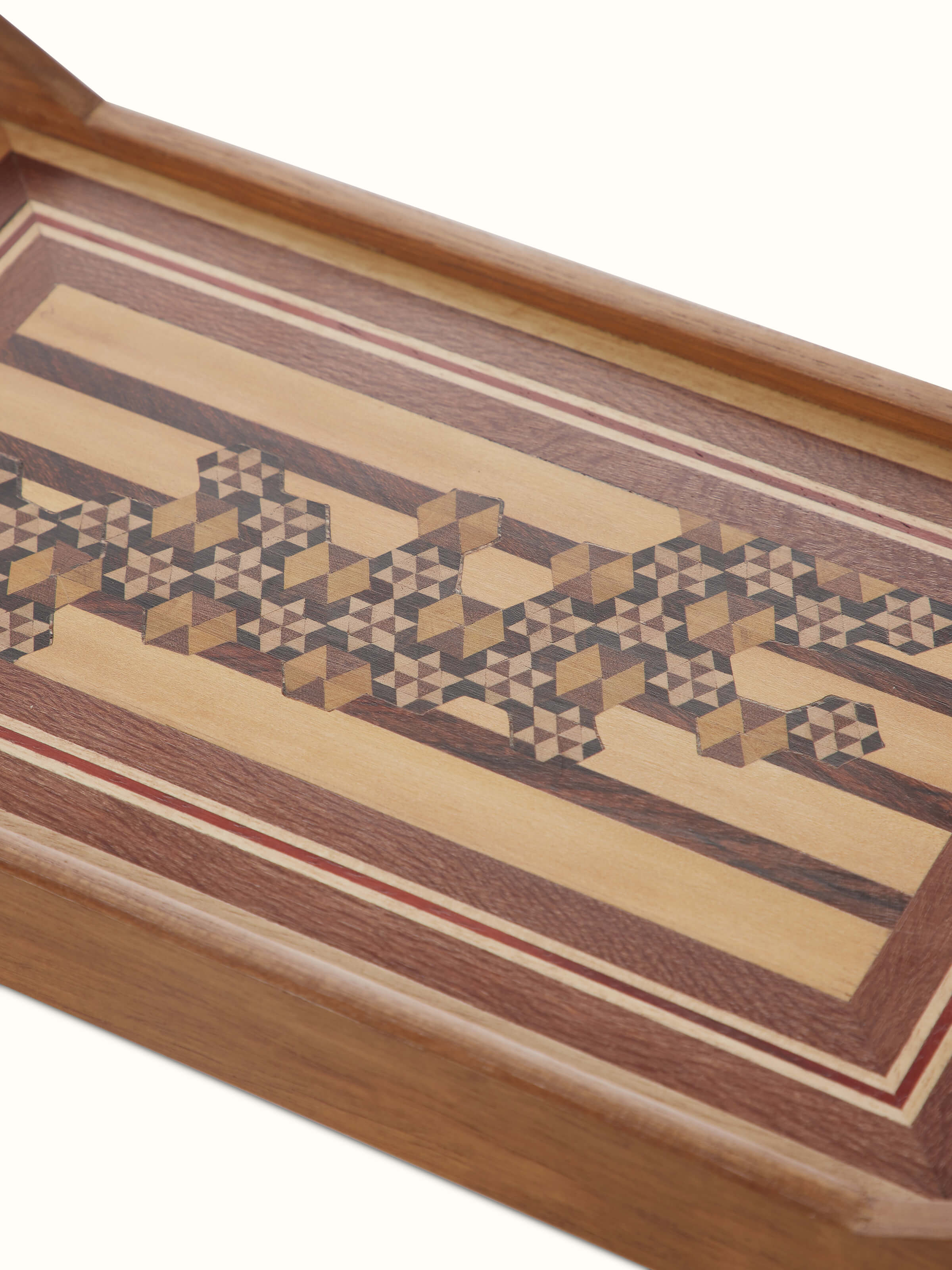 Top view of Marquetry wood & MDF serving tray in honey color highlighting the smooth finish and design
