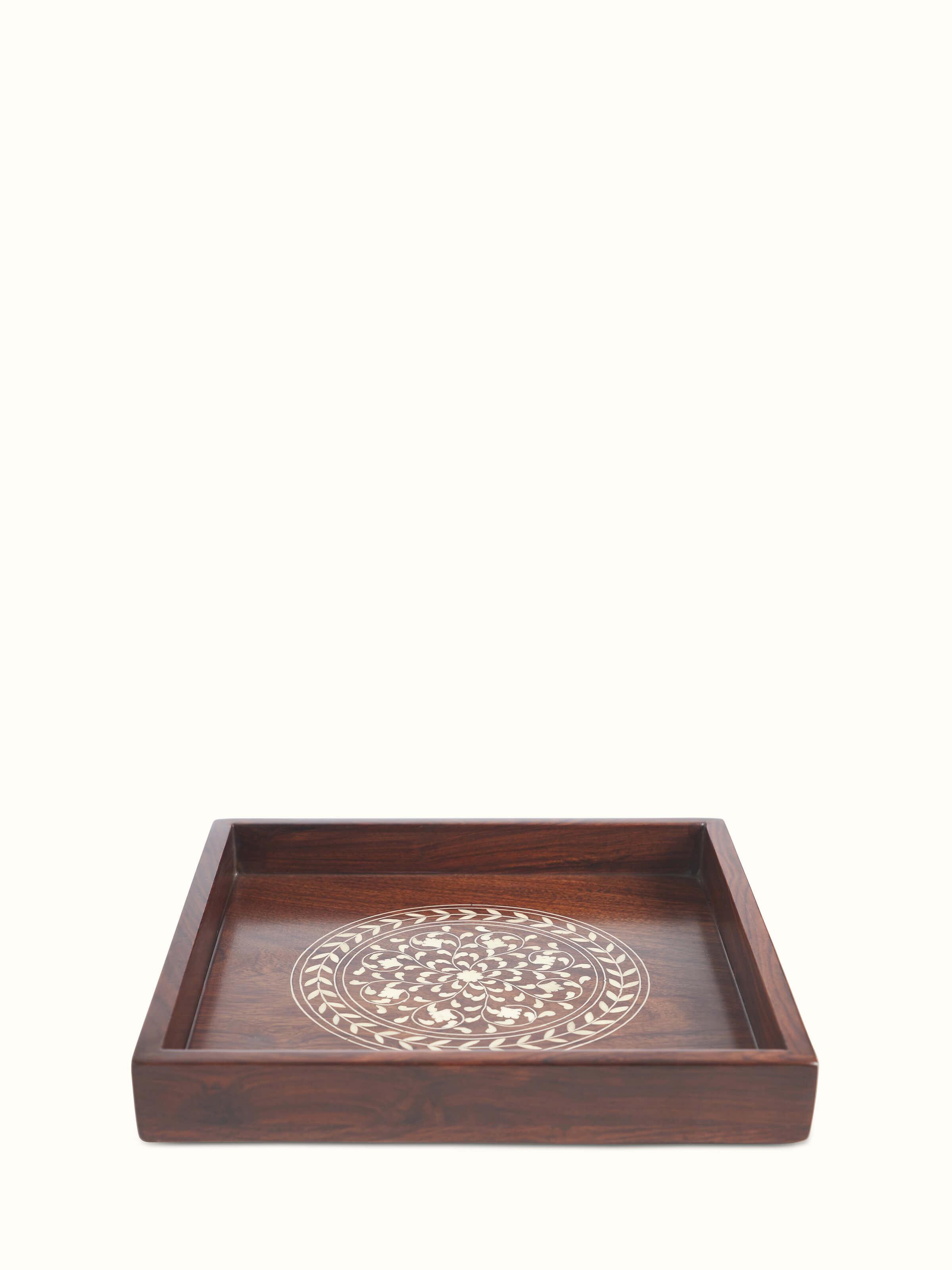 Angled view of Sheesham wood & bone inlaid serving trays (2 pcs) highlighting their elegant design.