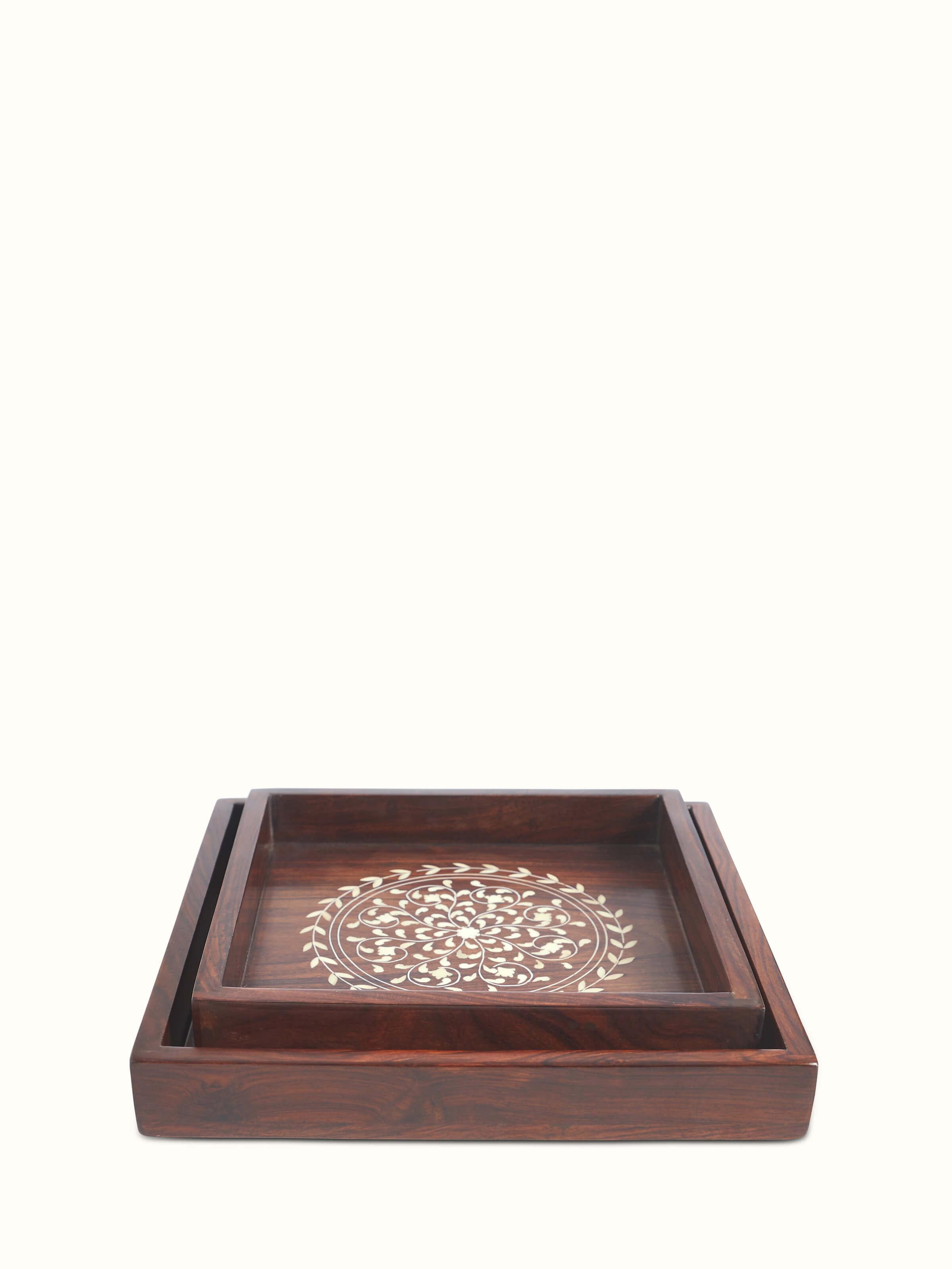 Front view of Sheesham wood & bone inlaid serving trays (2 pcs) showing detailed craftsmanship.