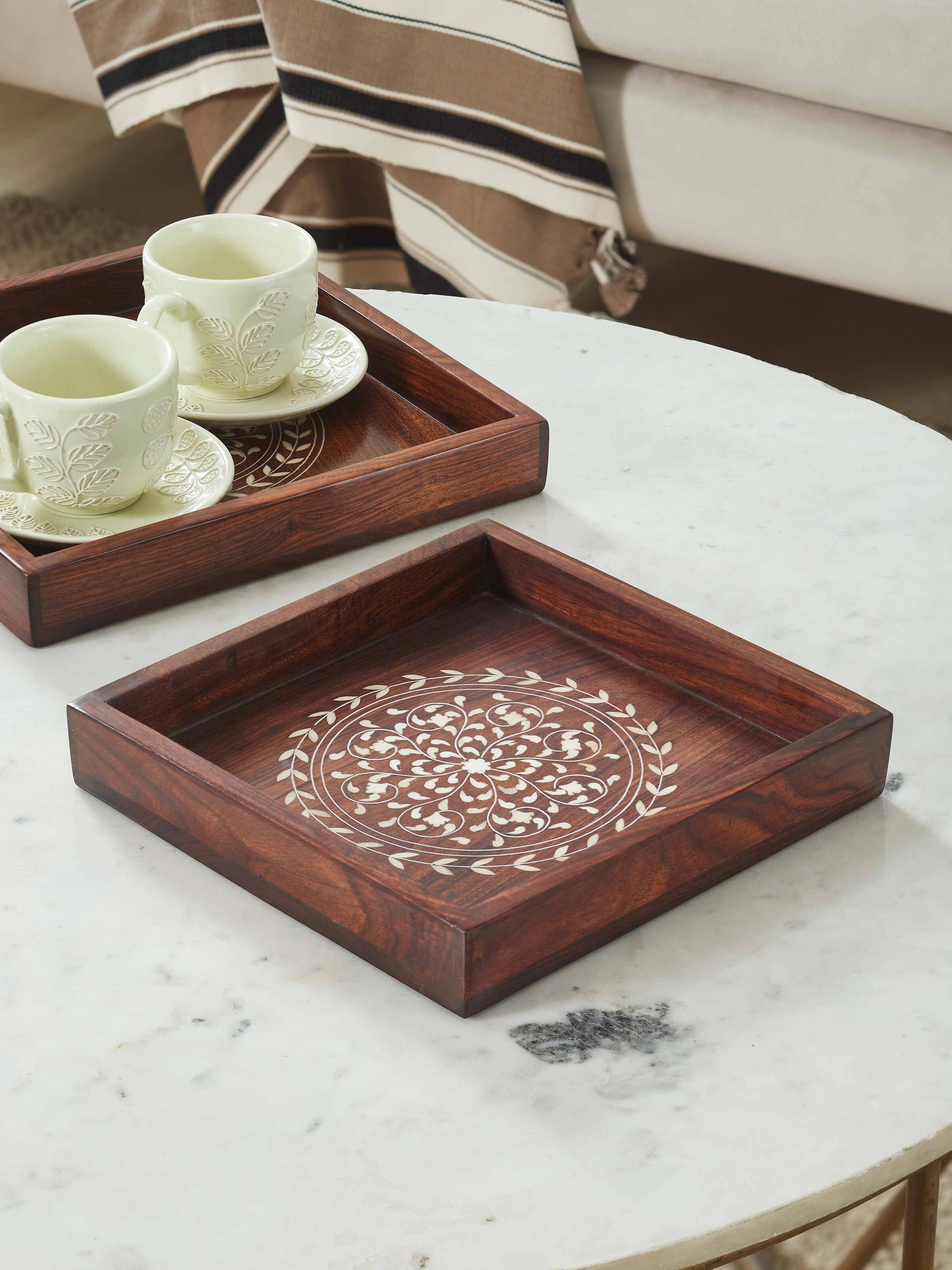 Side view of Sheesham wood & bone inlaid serving trays (2 pcs) emphasizing the intricate inlay work.