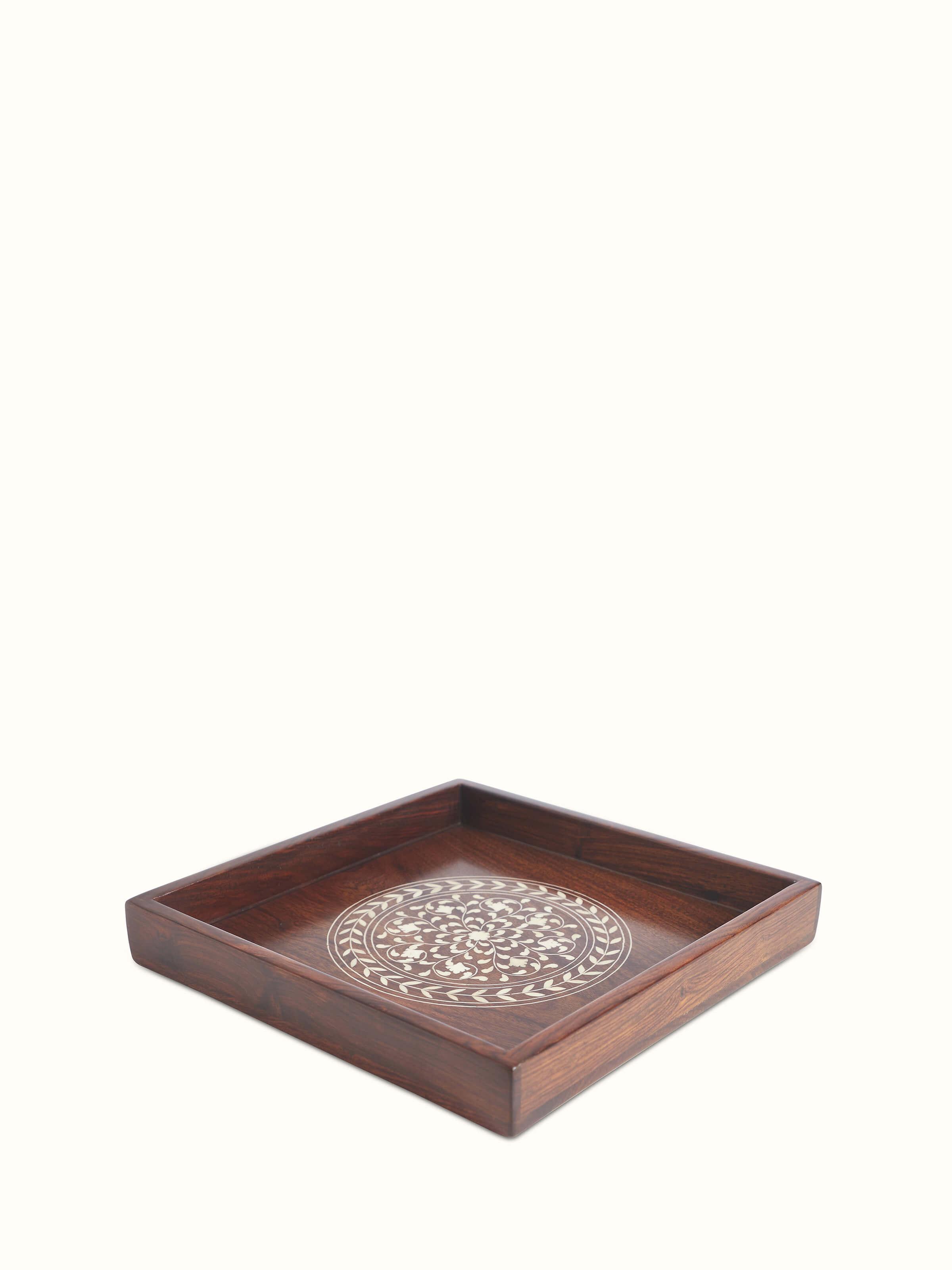 Detailed view of Sheesham wood & bone inlaid serving trays (2 pcs) showcasing the fine inlay details.