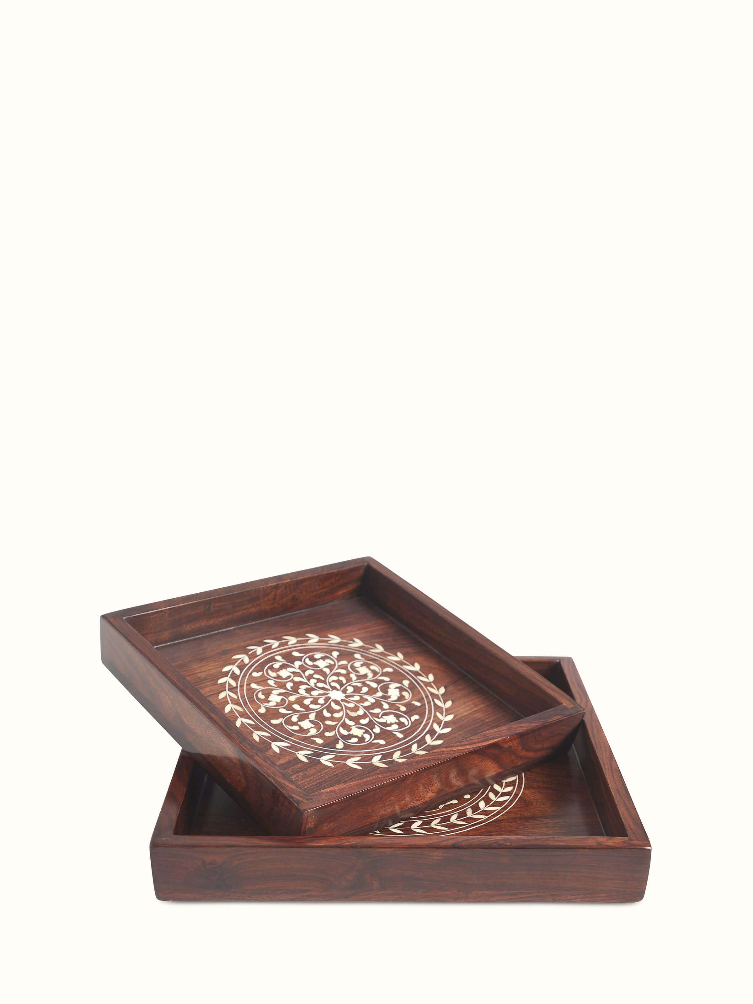 Close-up of Sheesham wood & bone inlaid serving trays (2 pcs) focusing on the intricate bone inlays.