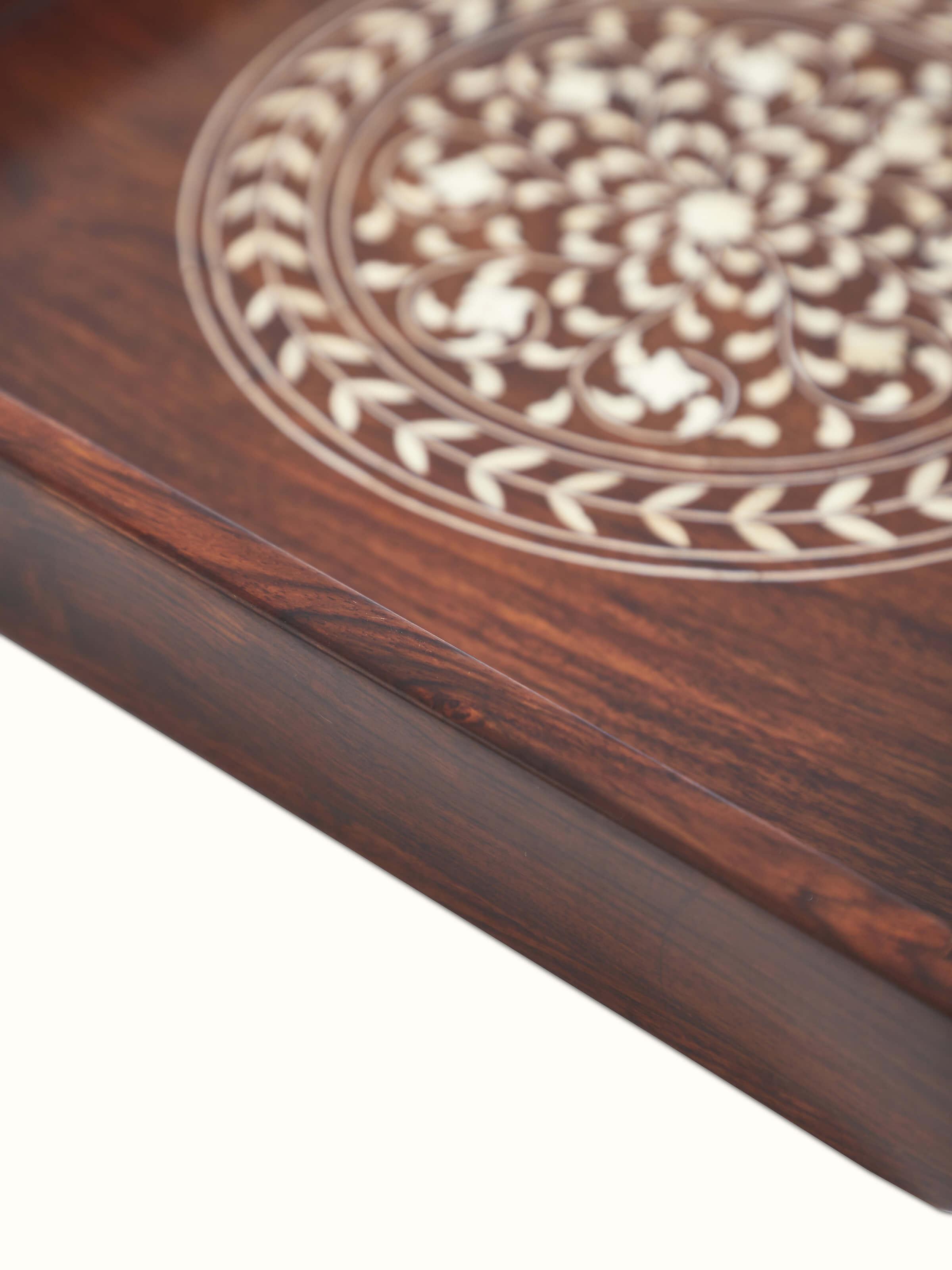 Full view of Sheesham wood & bone inlaid serving trays (2 pcs) highlighting their complete traditional style.