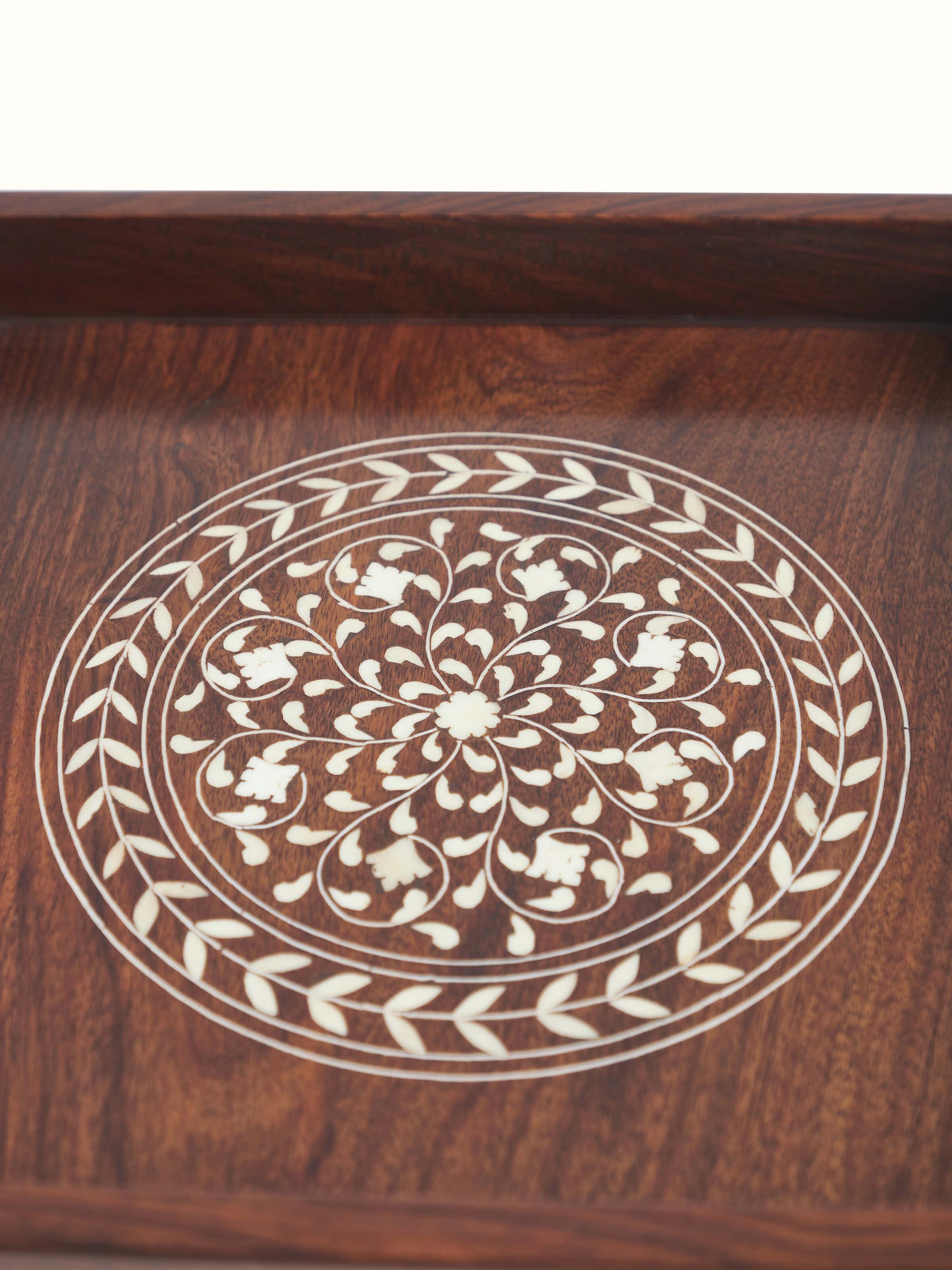 Overview of Sheesham wood & bone inlaid serving trays (2 pcs) highlighting their elegant design.