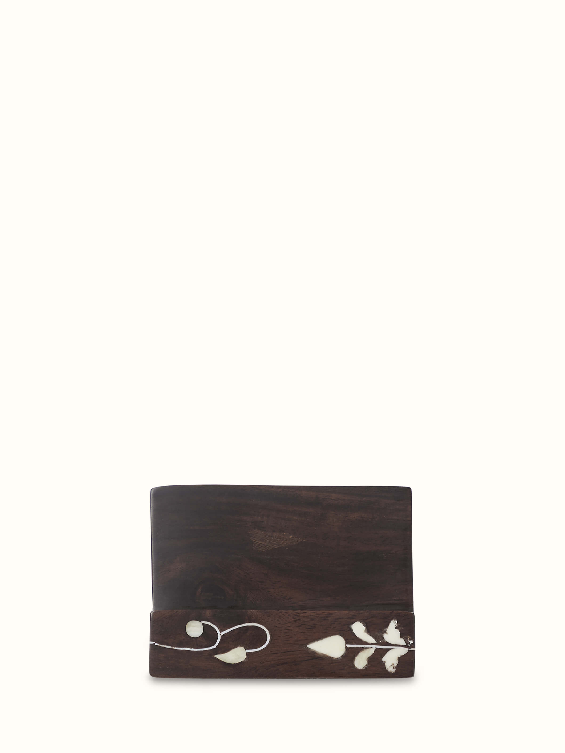Front view of Sheesham wood & bone inlaid card holder featuring elegant bone inlay design and rich wood finish