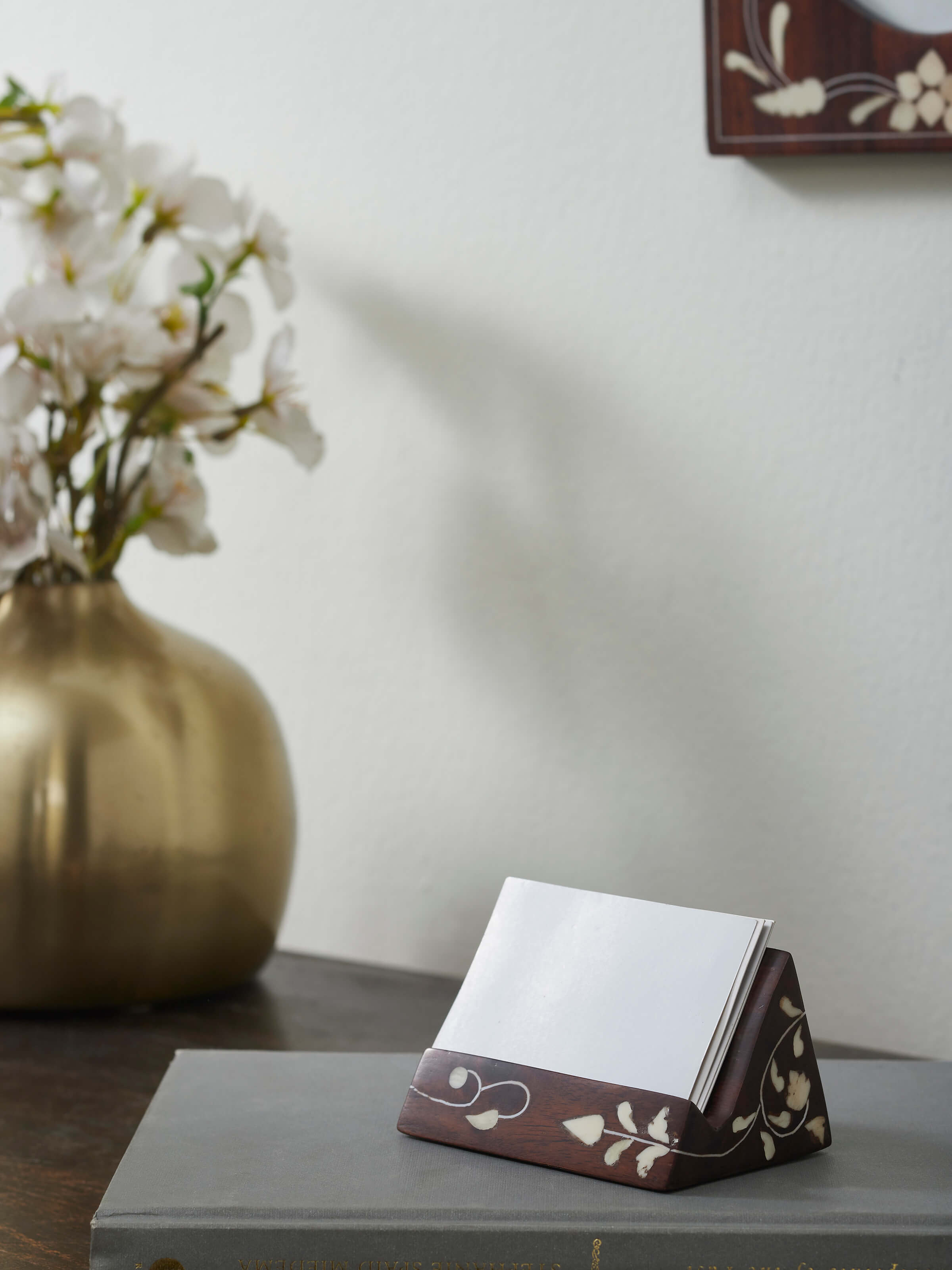 Side view of Sheesham wood & bone inlaid card holder, highlighting the intricate bone inlay and smooth wood finish