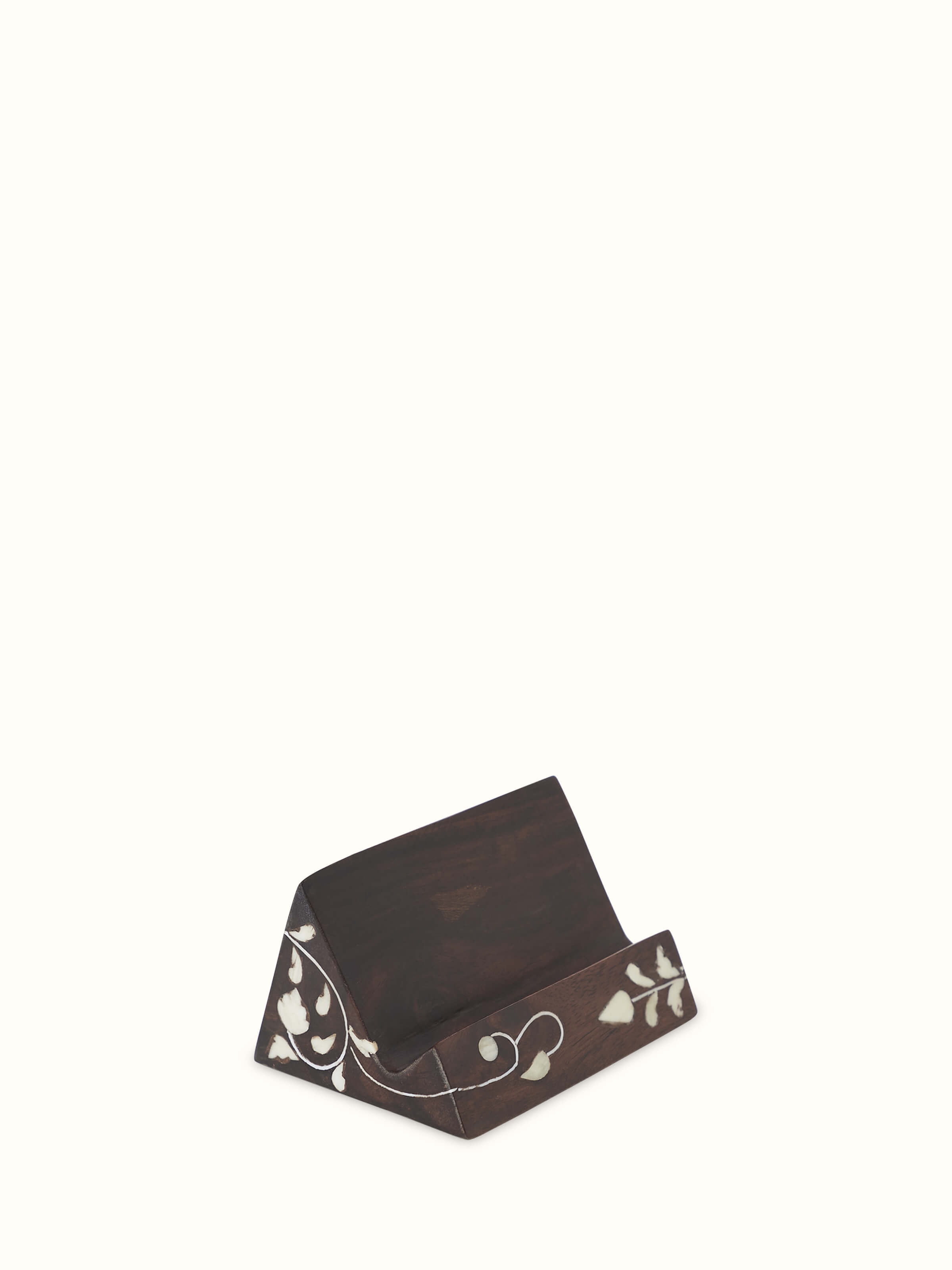 Angled view of Sheesham wood & bone inlaid card holder, emphasizing the craftsmanship and detailed inlay work