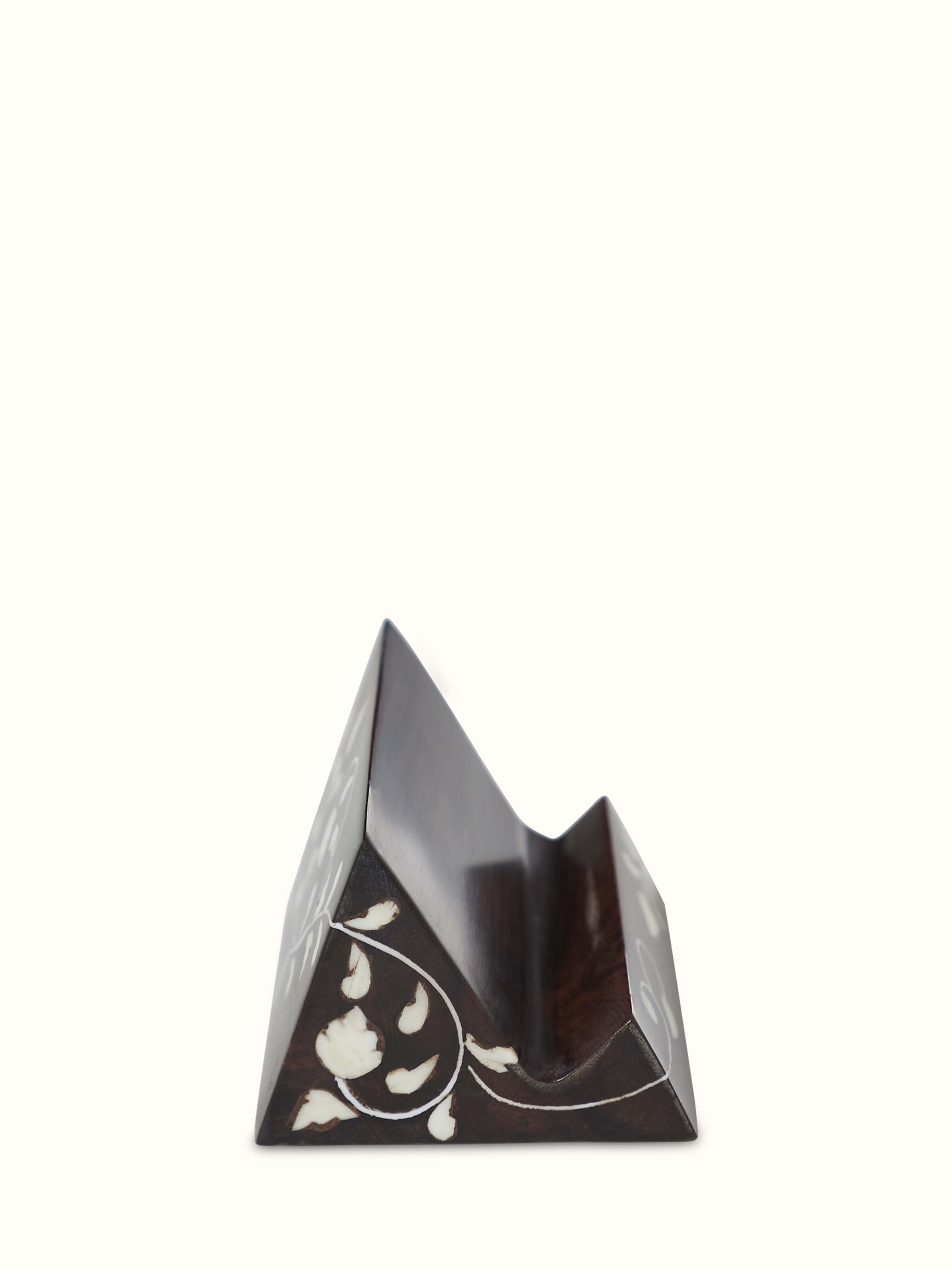 Close-up view of Sheesham wood & bone inlaid card holder, showcasing the fine detailing of the bone inlay and wood grain