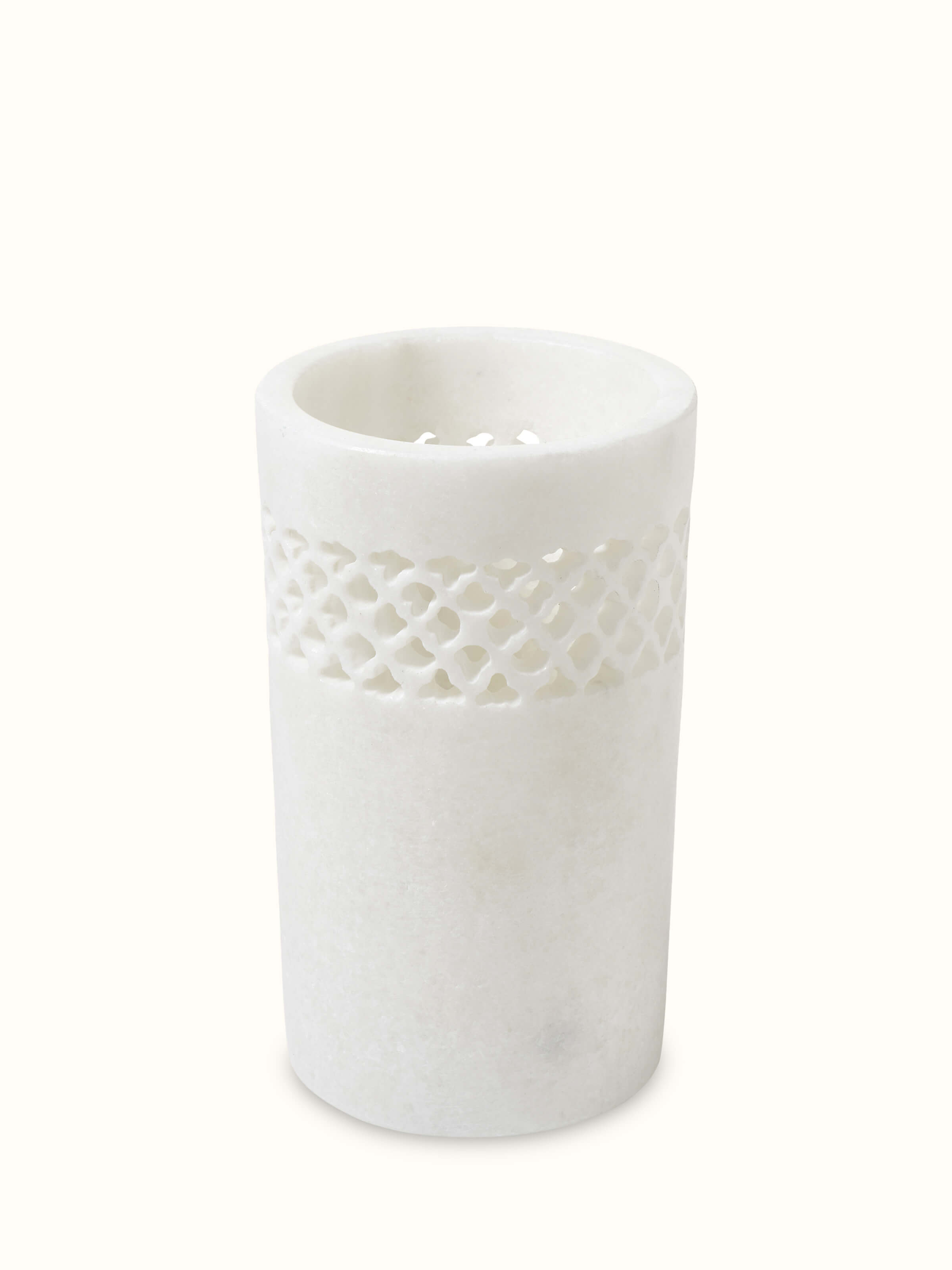 Detailed view of Carved Ambaji white marble toothbrush holder focusing on the fine marble texture and artistry
