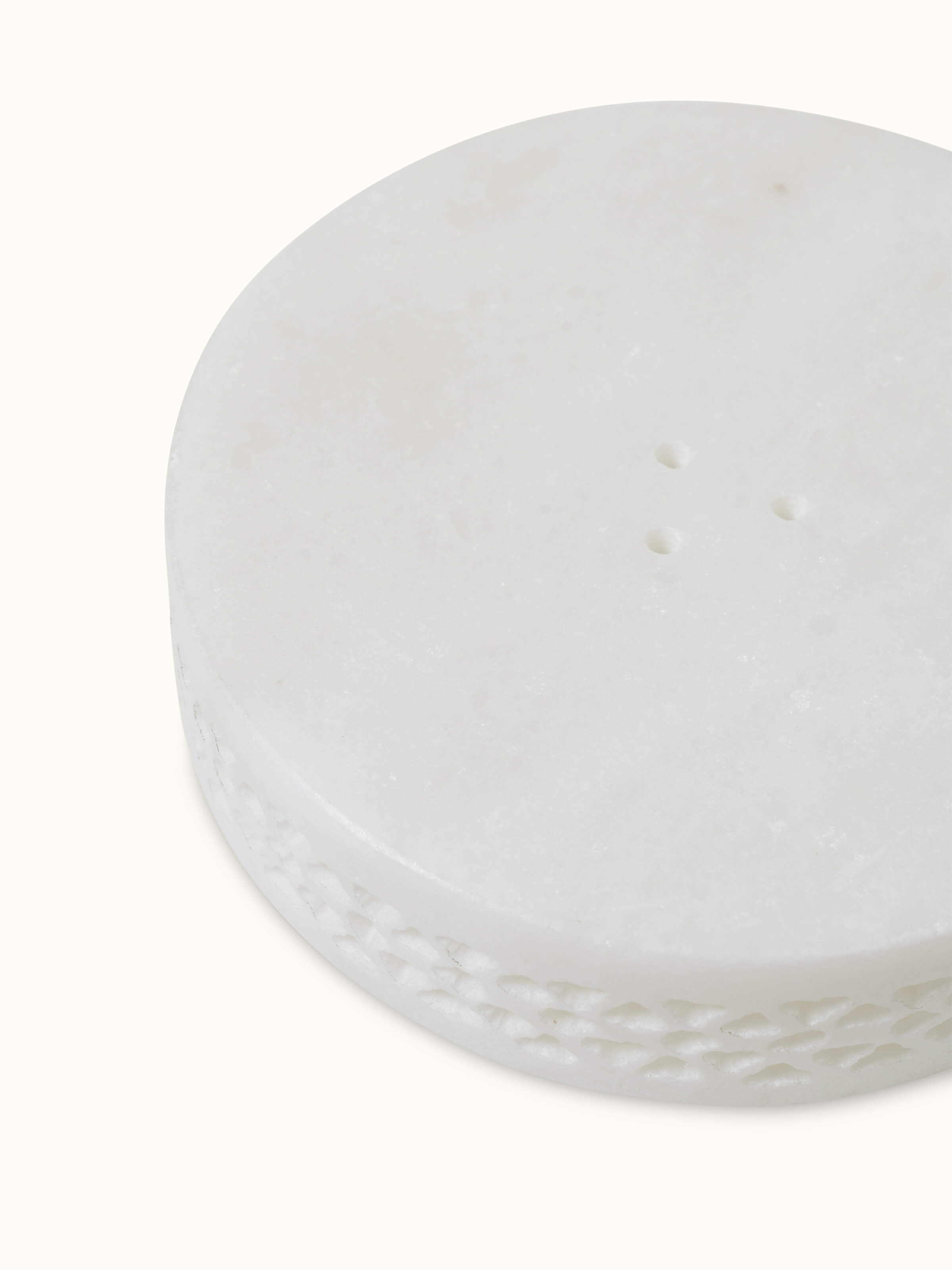 Full view of carved Ambaji white marble soap dish, emphasizing its ornate details and classic style.