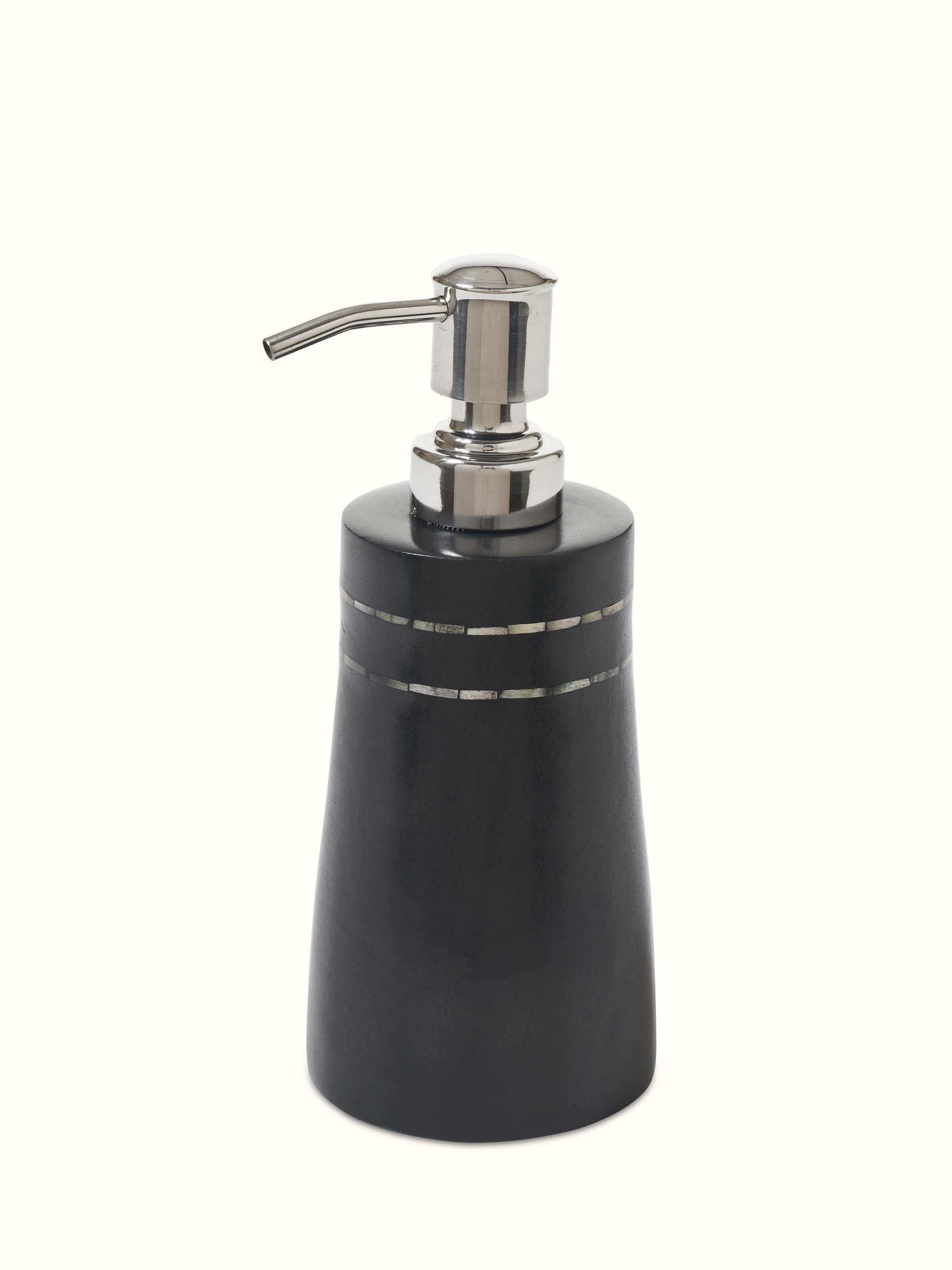Close-up of Carved Ambaji Marble Soap Dispenser in Black highlighting fine details.