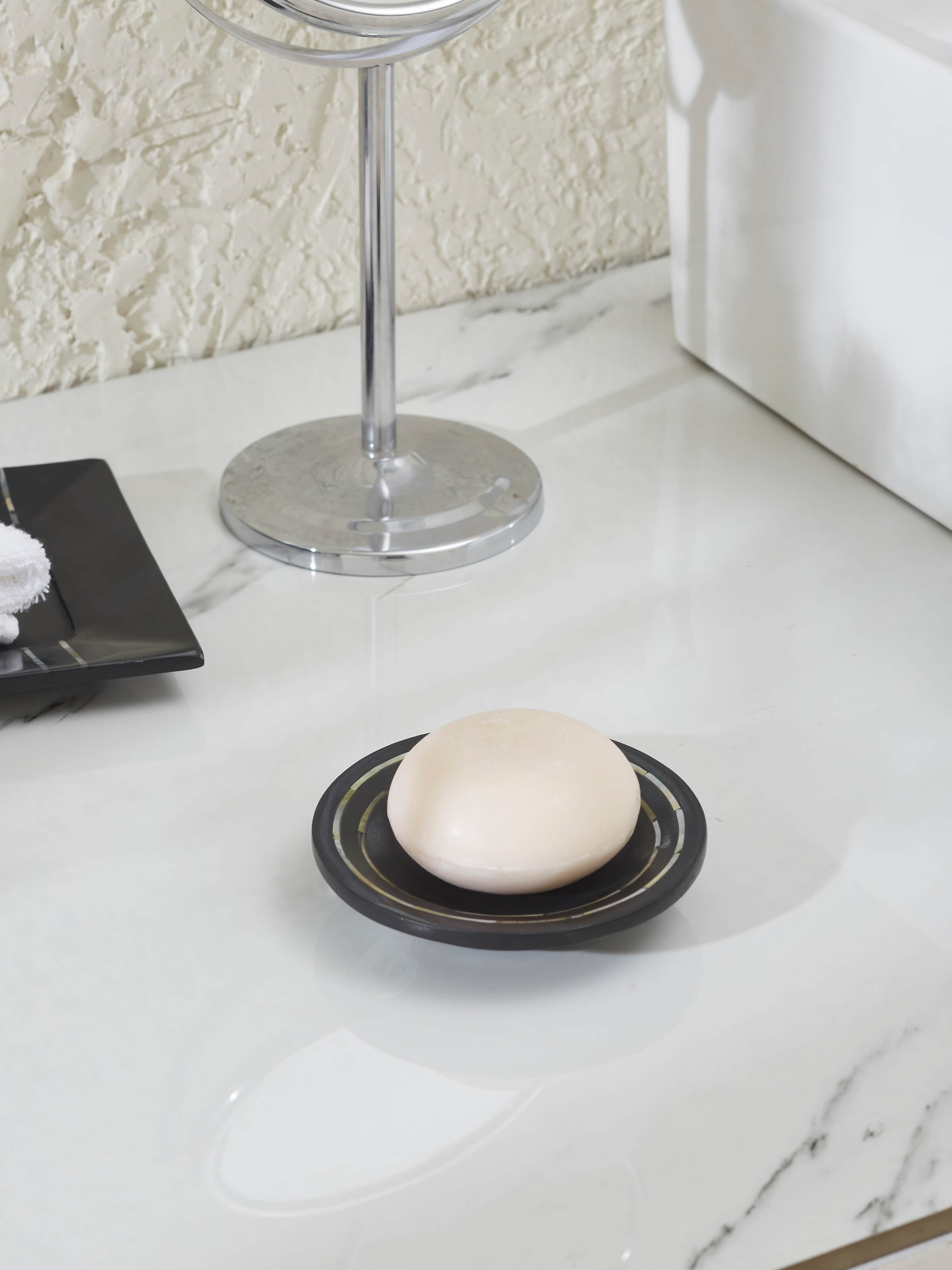 Side view of Carved Marble Stone Soap Dish in Black Color showcasing the thickness and design