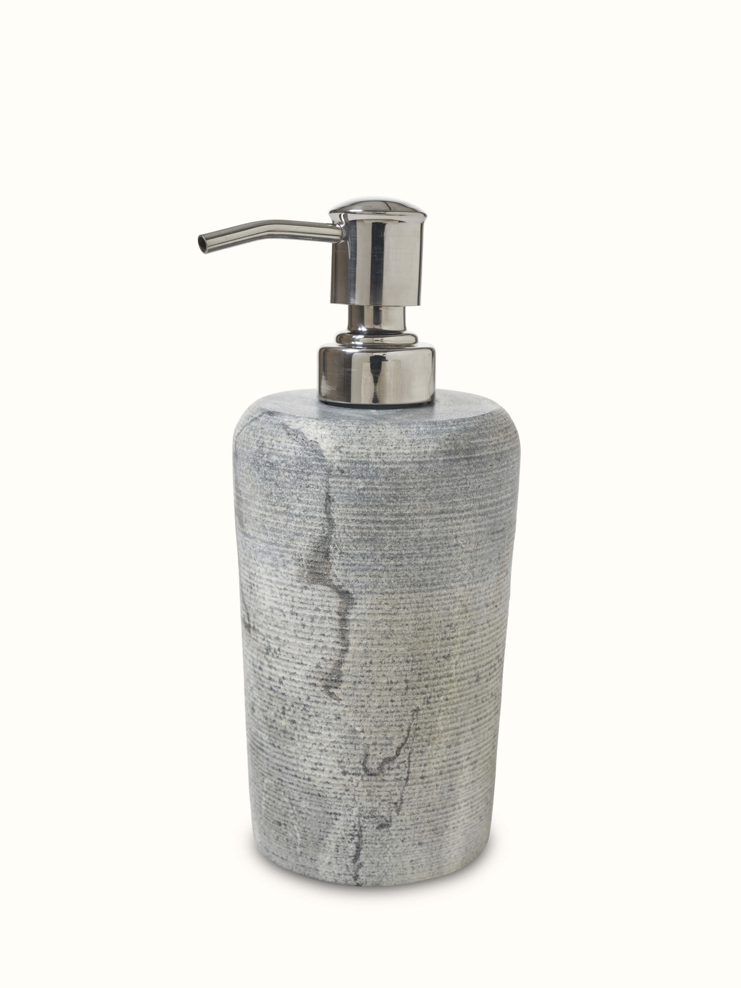 Detail view of Carved Marble Soap Dispenser in grey color focusing on the marble texture and finish.