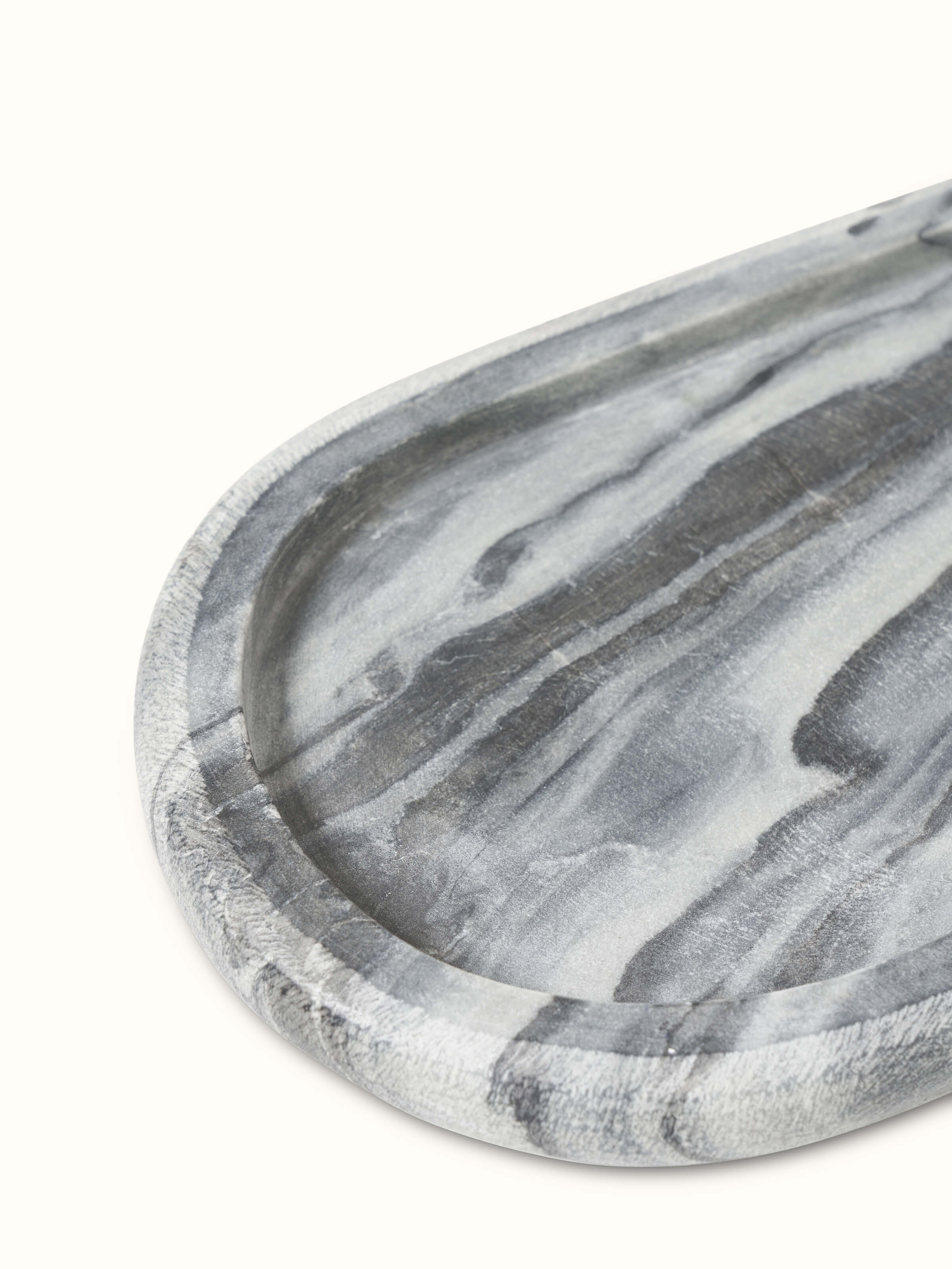 Top view of carved marble bath tray in grey color showing its polished finish