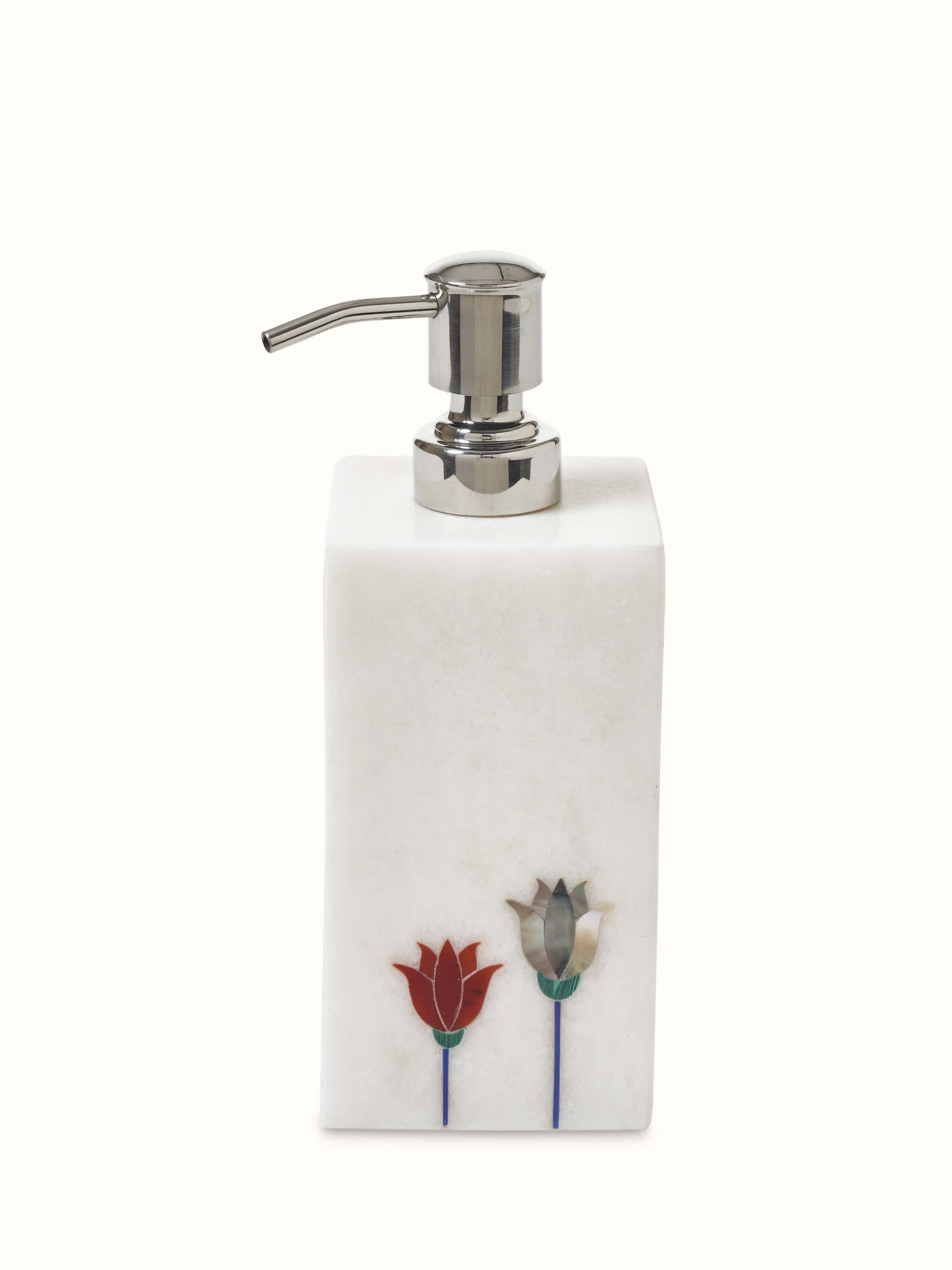 Carved Ambaji White Marble Lotus Soap Dispenser featuring detailed marble craftsmanship