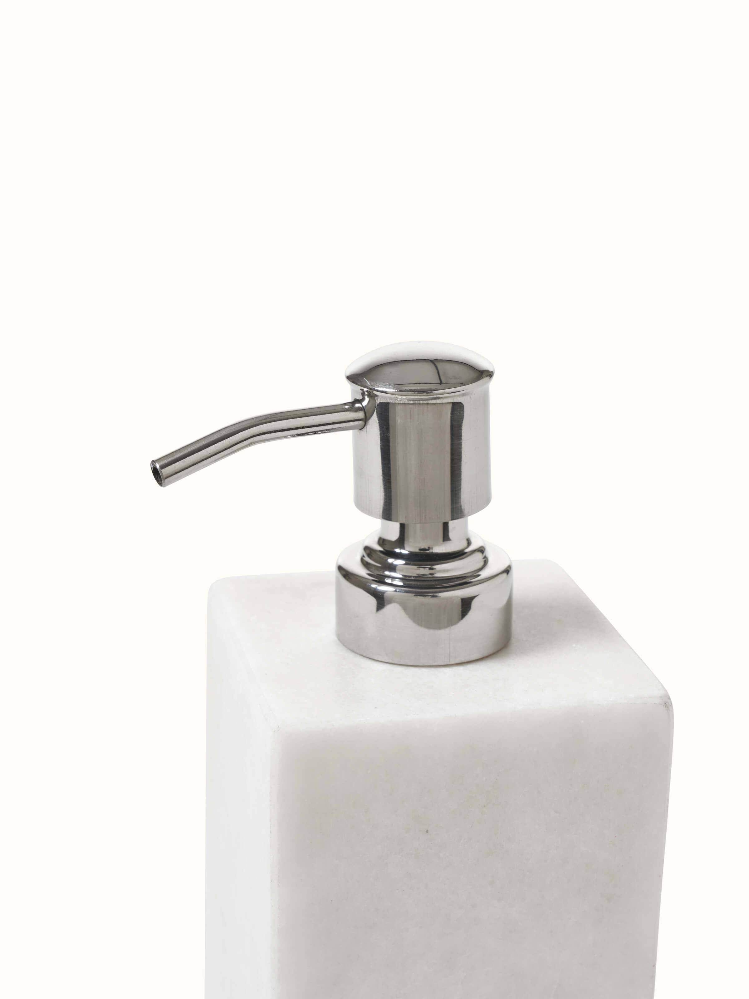 Close-up view of Carved Ambaji White Marble Lotus Soap Dispenser highlighting marble texture