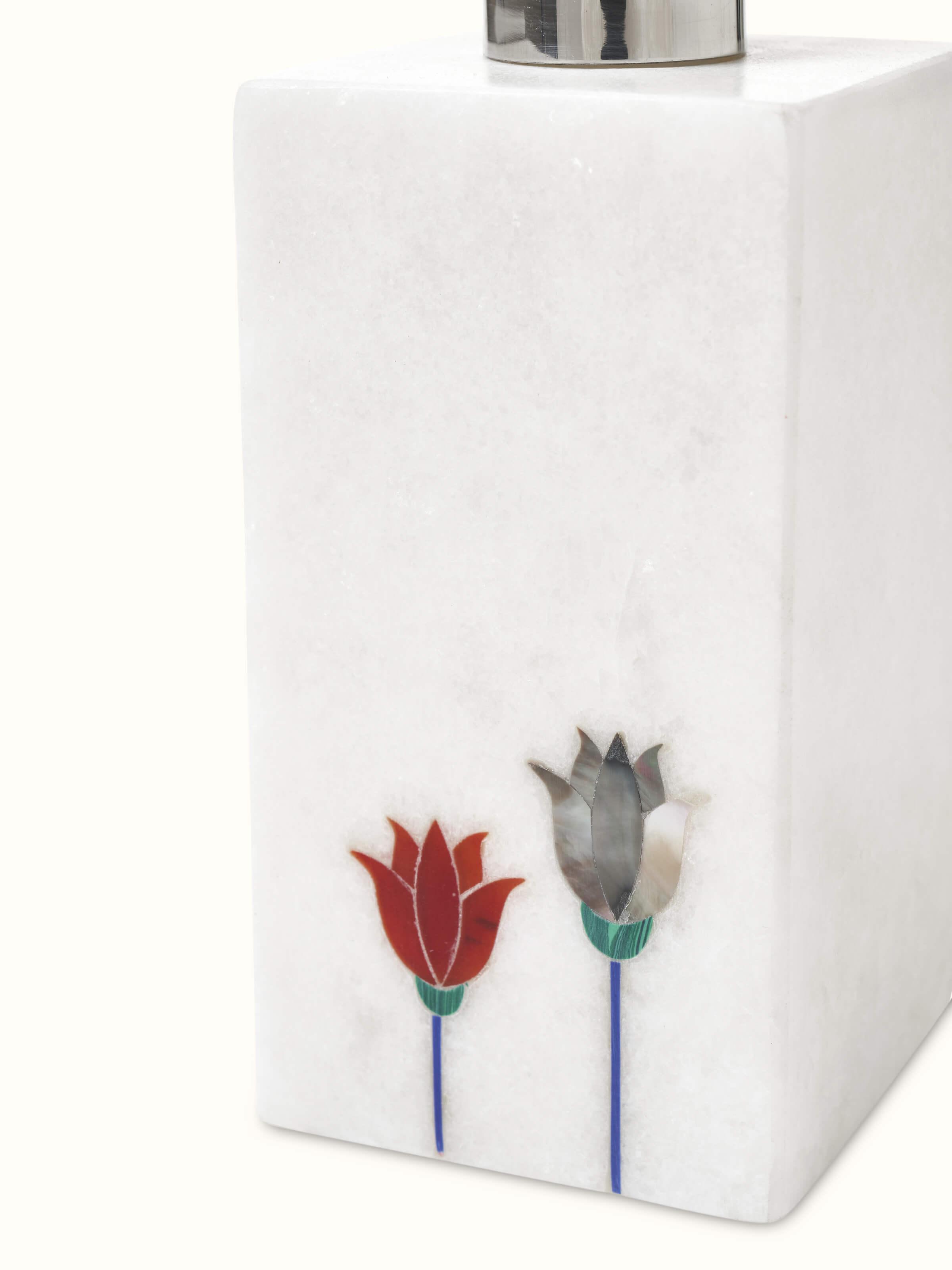 Carved Ambaji White Marble Lotus Soap Dispenser from a different angle showing detailed carving