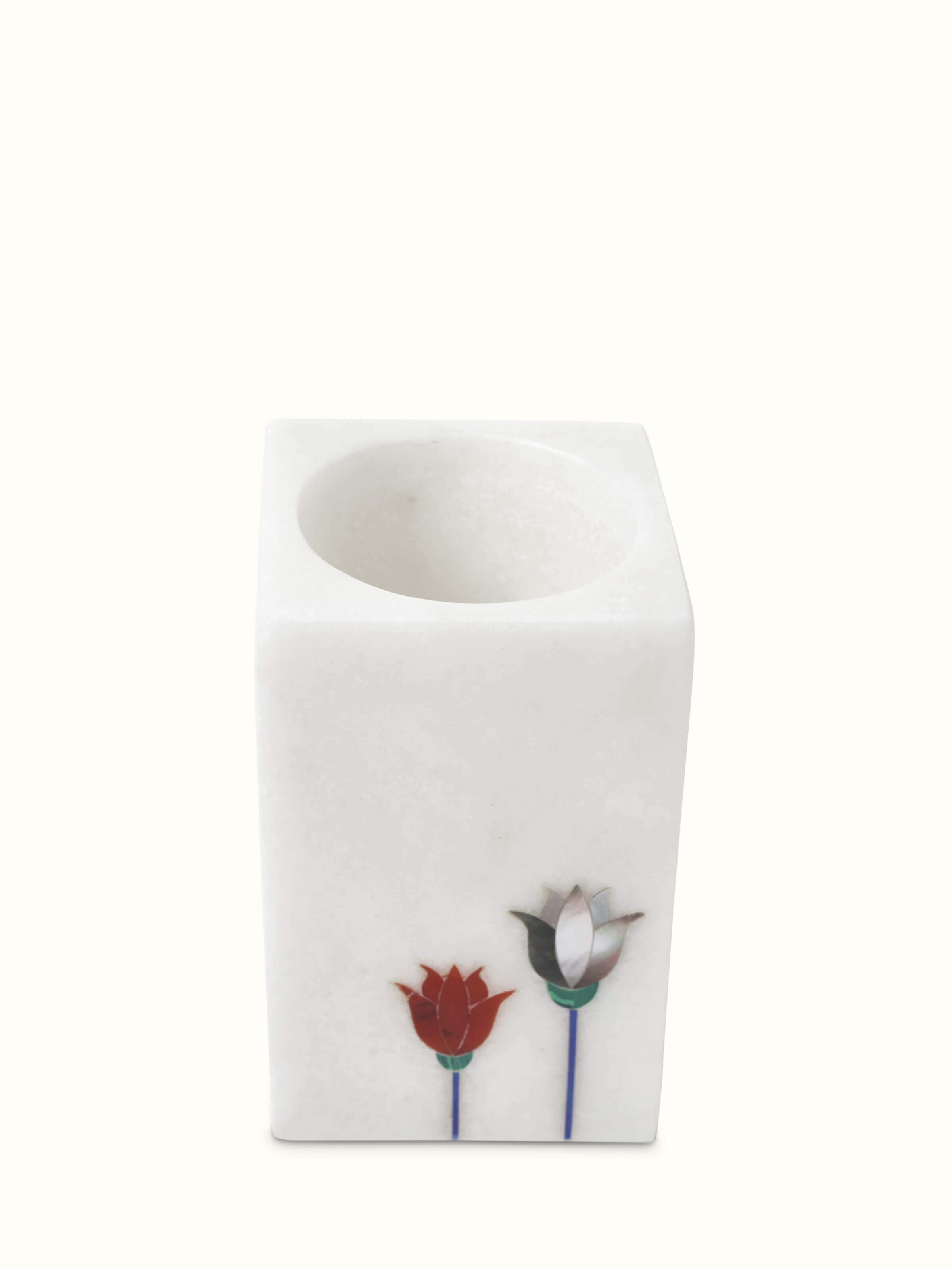Full view of Carved Ambaji white marble floral toothbrush holder displaying intricate carving and design.