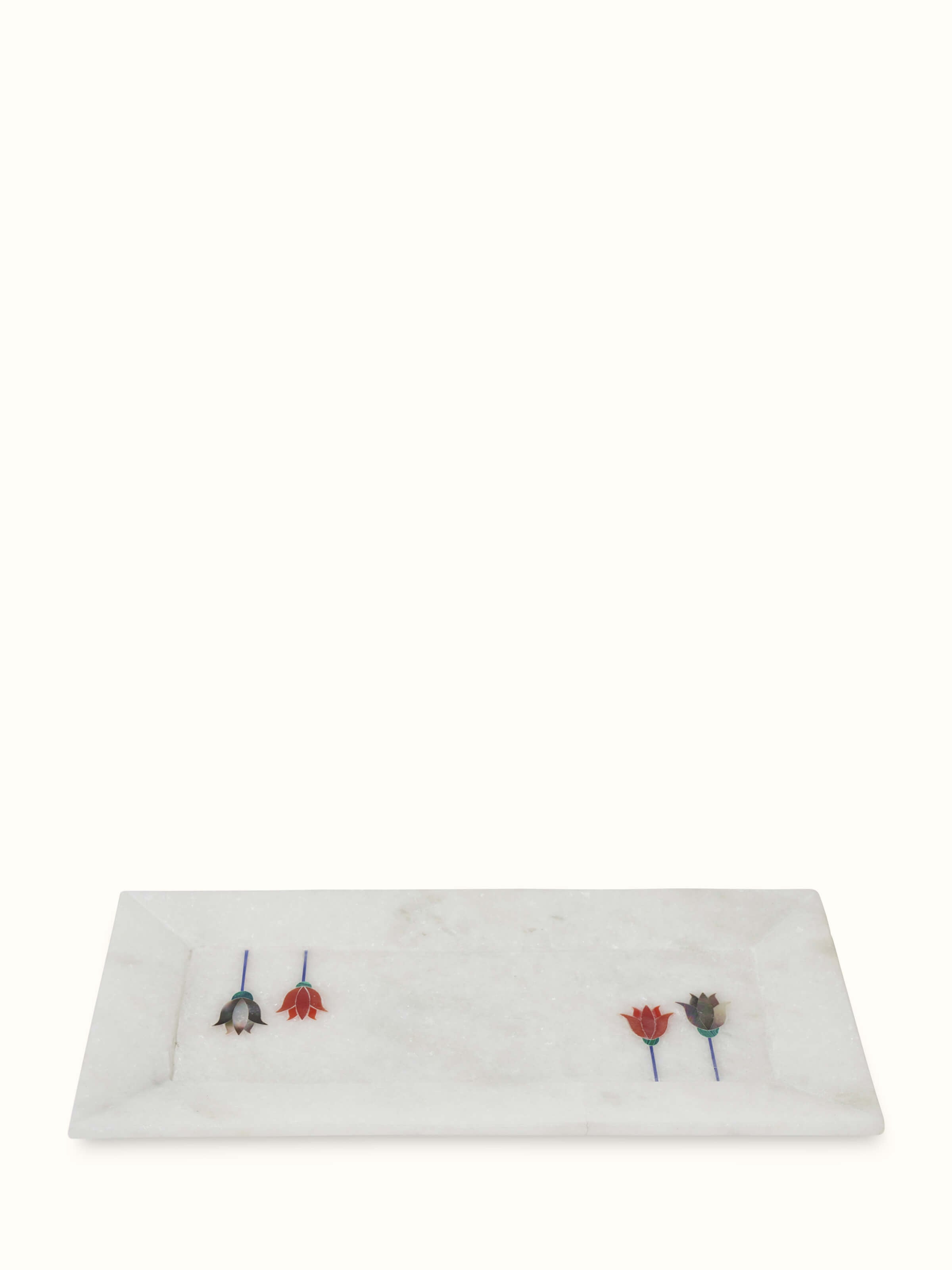 Front view of Glossy Carved Ambaji White Marble Bath Tray showcasing elegant carving and polished finish