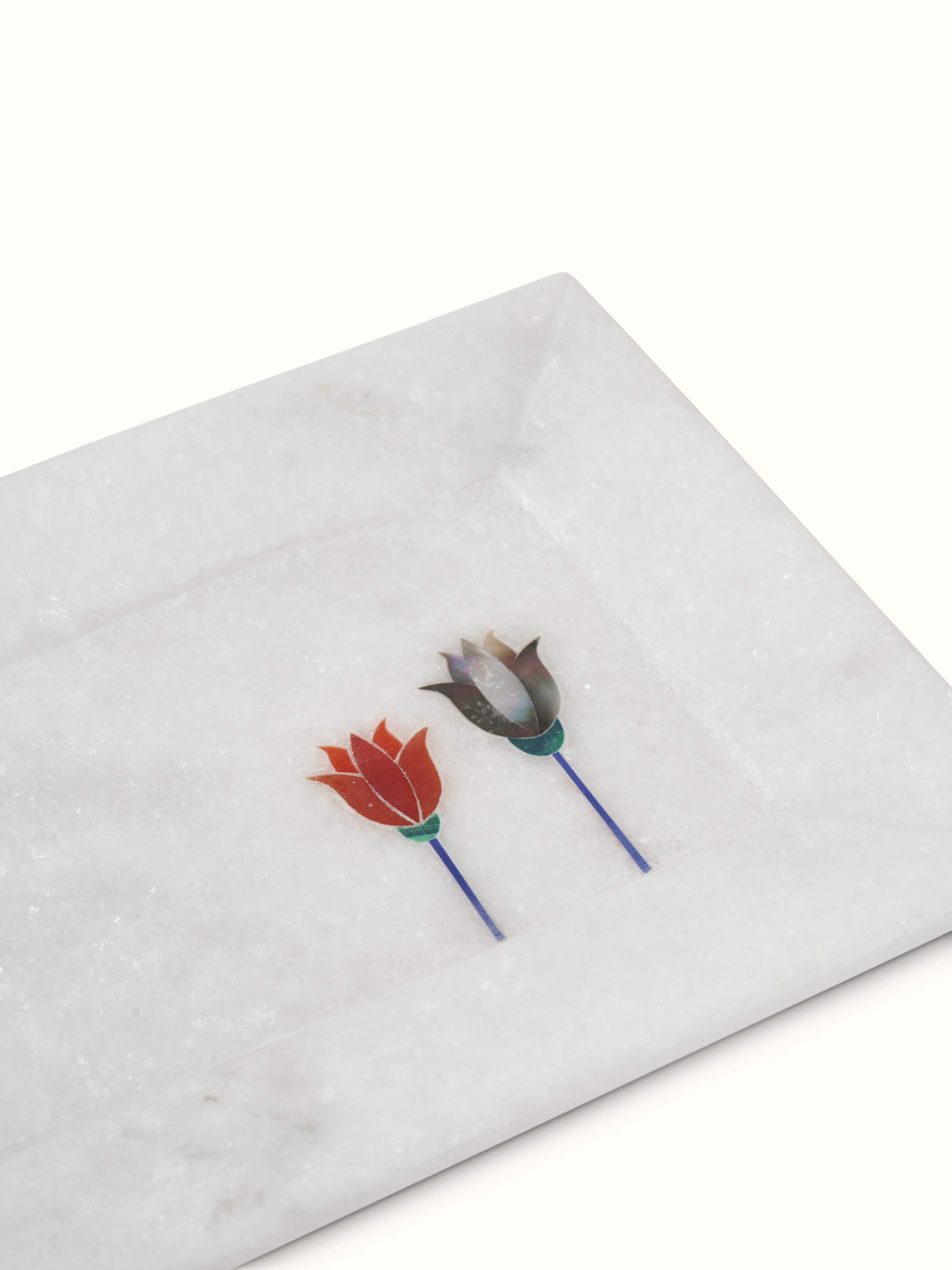 Detailed view of Glossy Carved Ambaji White Marble Bath Tray focusing on the polished surface and carving details