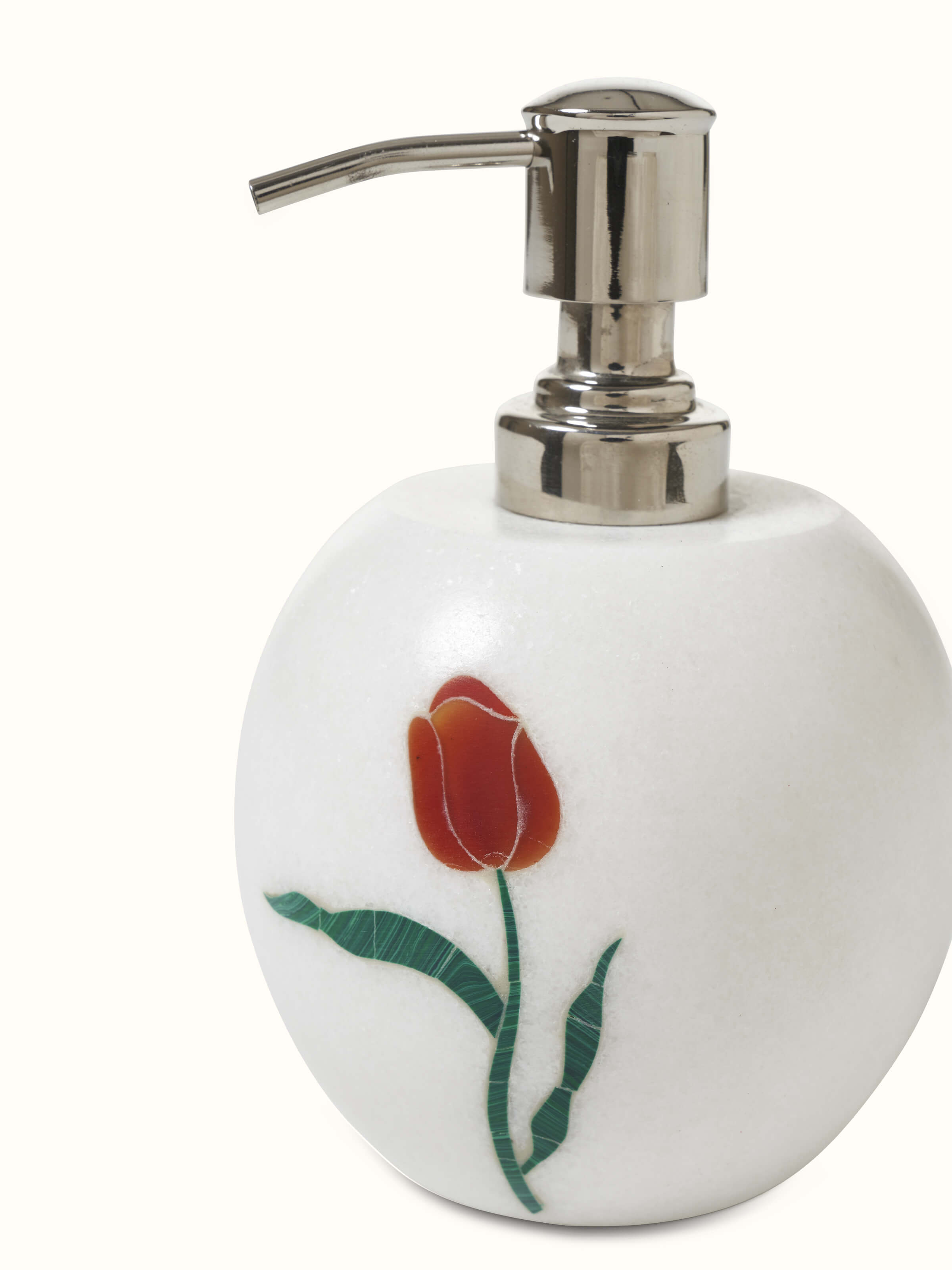 Close-up view of carved Ambaji white marble rose soap dispenser emphasizing its polished finish