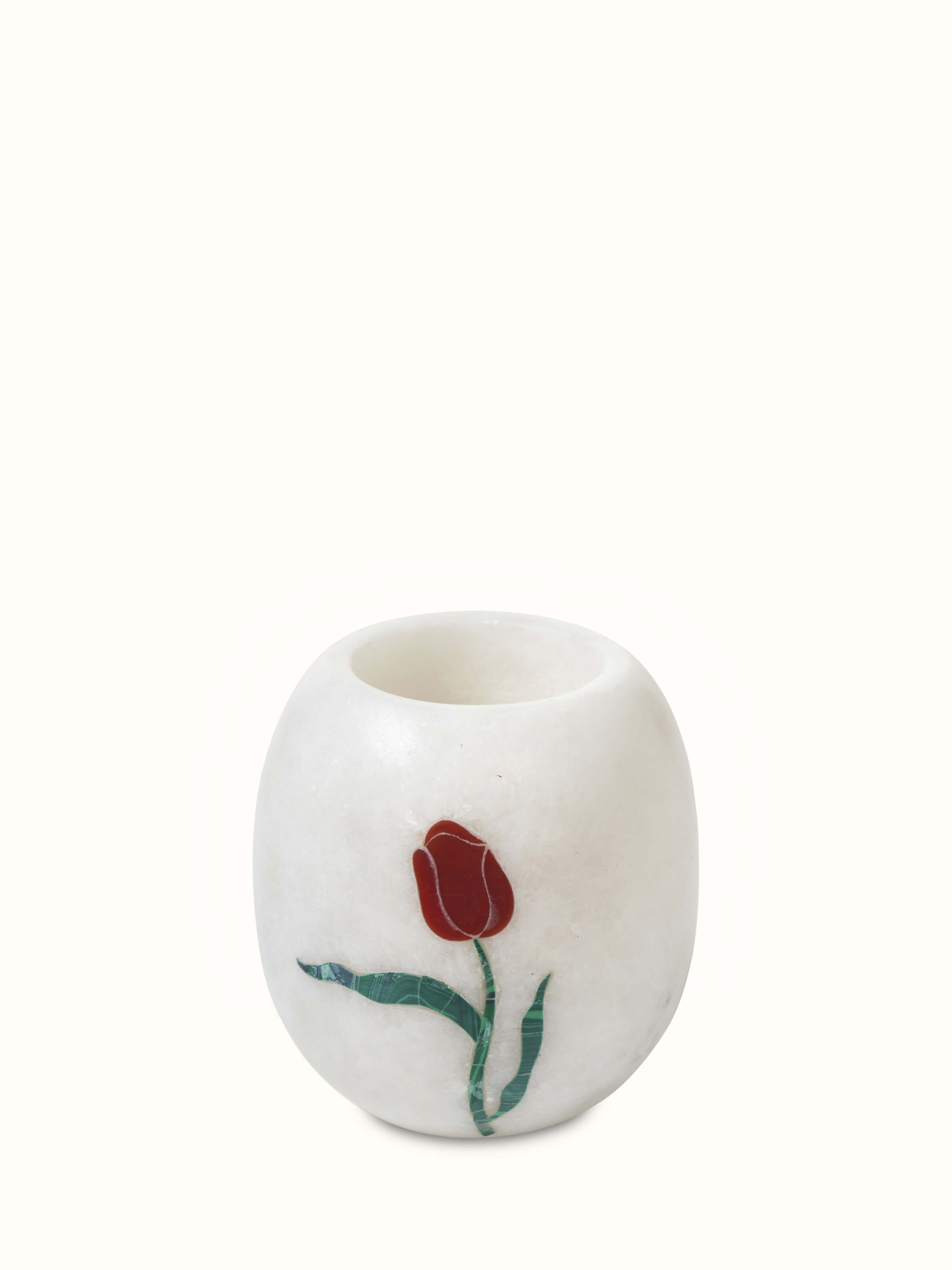 Detailed view of Carved Ambaji white marble rose toothbrush holder showcasing fine marble work.