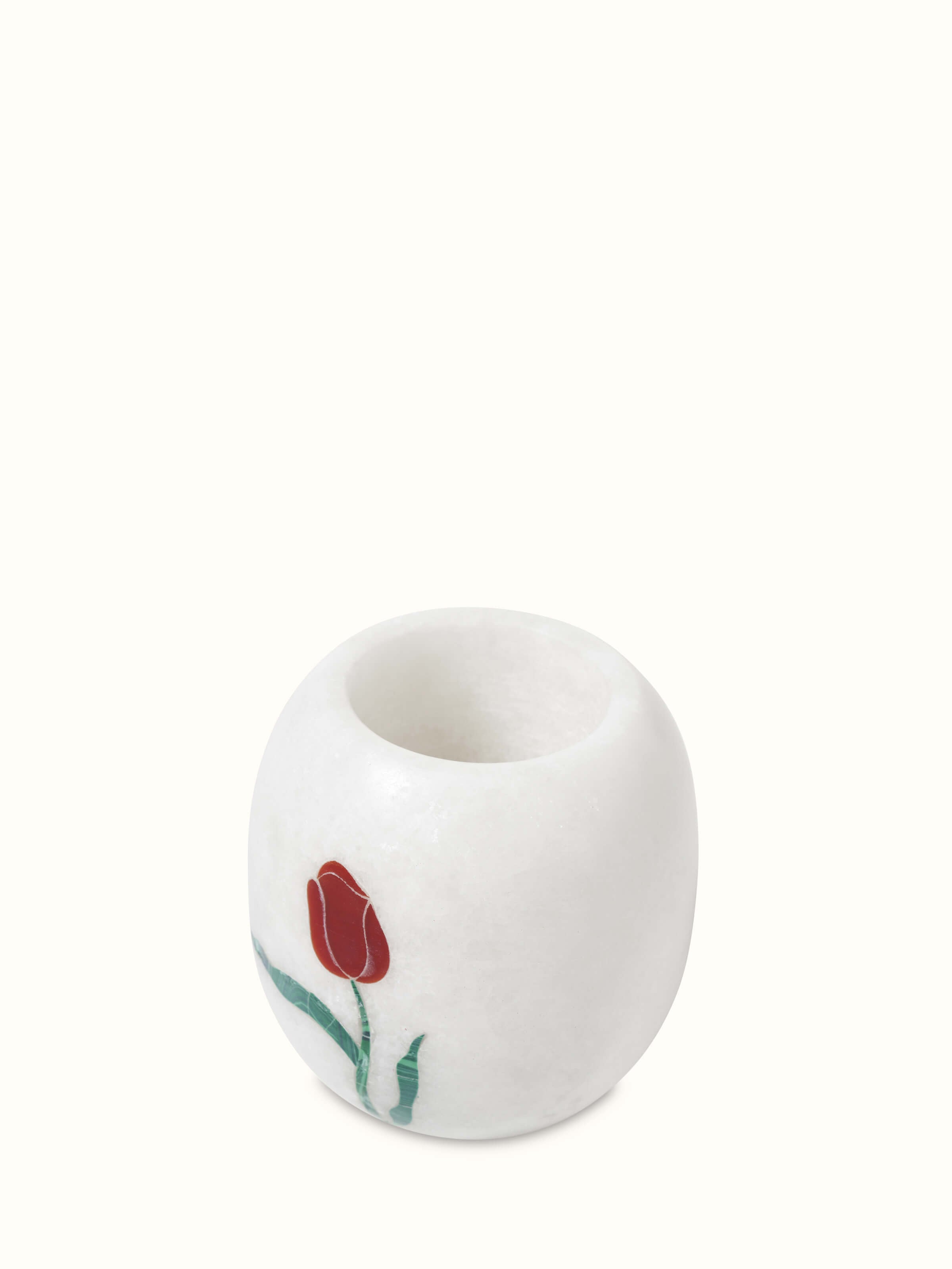 Close-up of Carved Ambaji white marble rose toothbrush holder emphasizing the detailed rose design.
