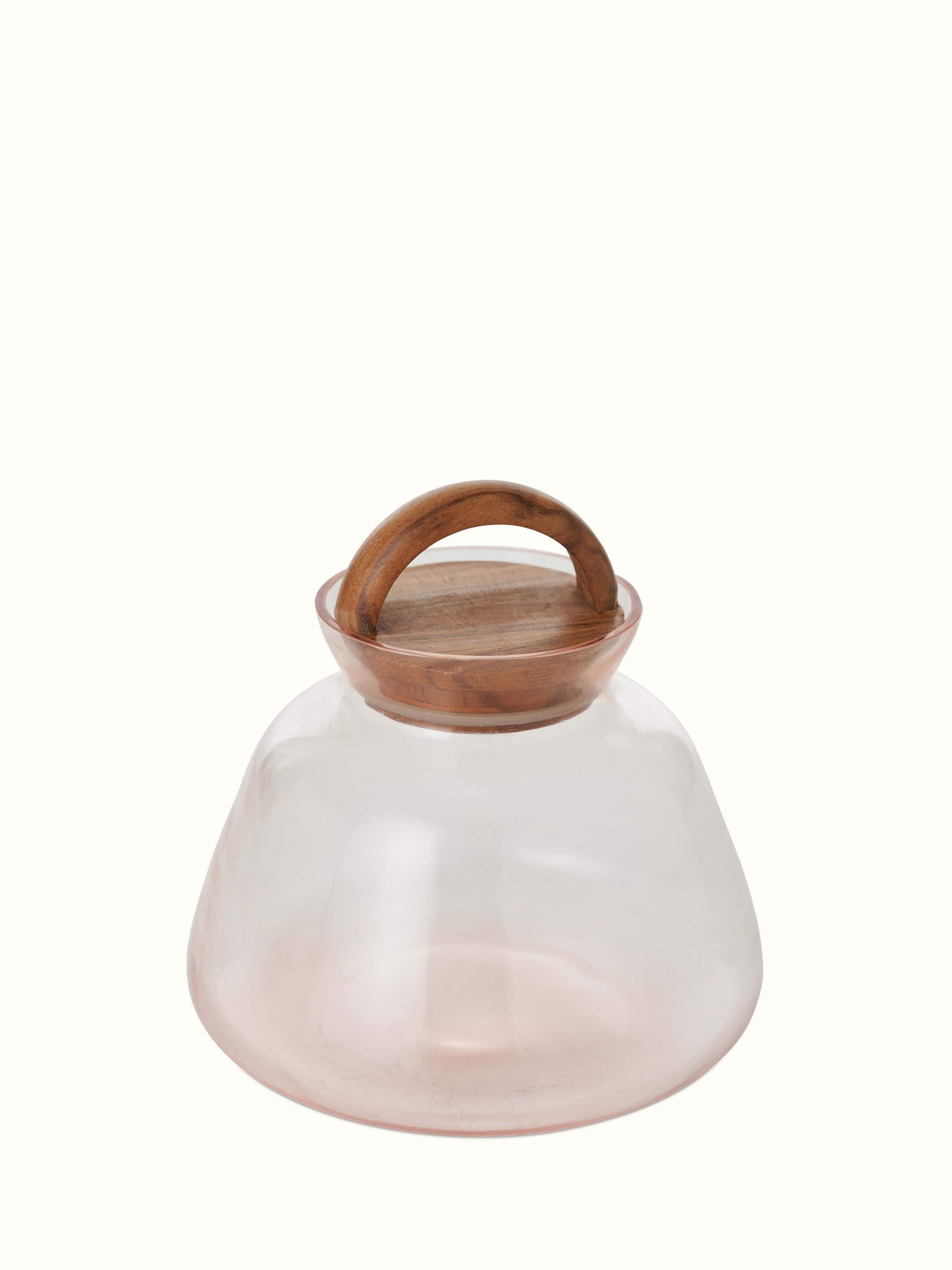 Front view of pink glass-worked storage container featuring a stylish design and smooth finish