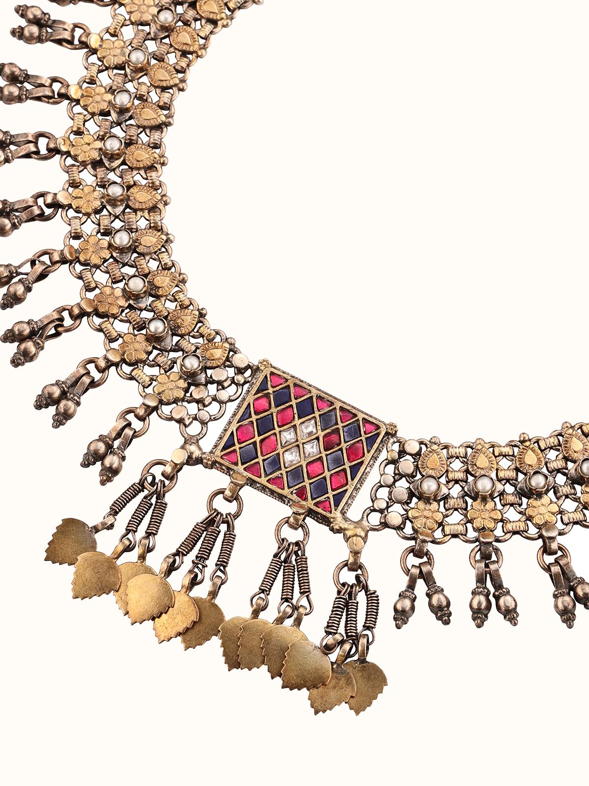 Angled view of Silver Smithing Collar Necklace showcasing its smooth finish by Swadesh