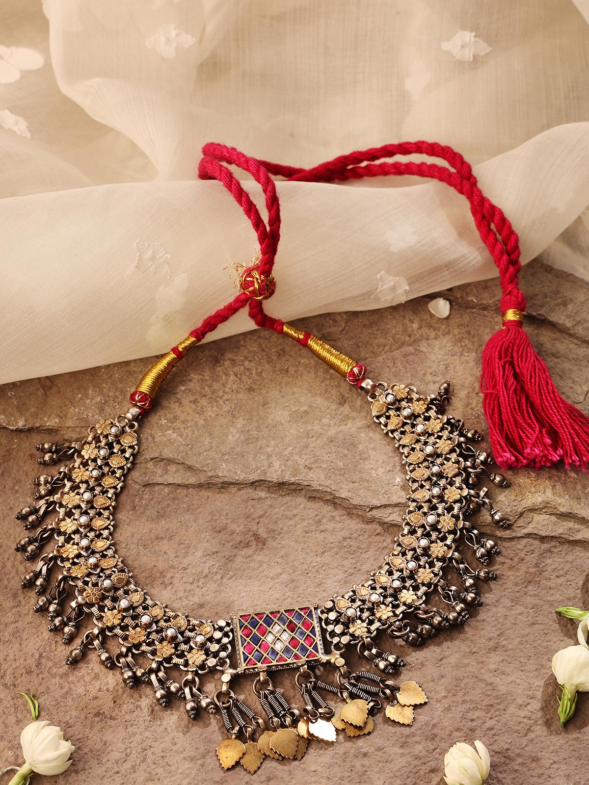 Detailed view of Silver Smithing Collar Necklace with a polished appearance by Swadesh