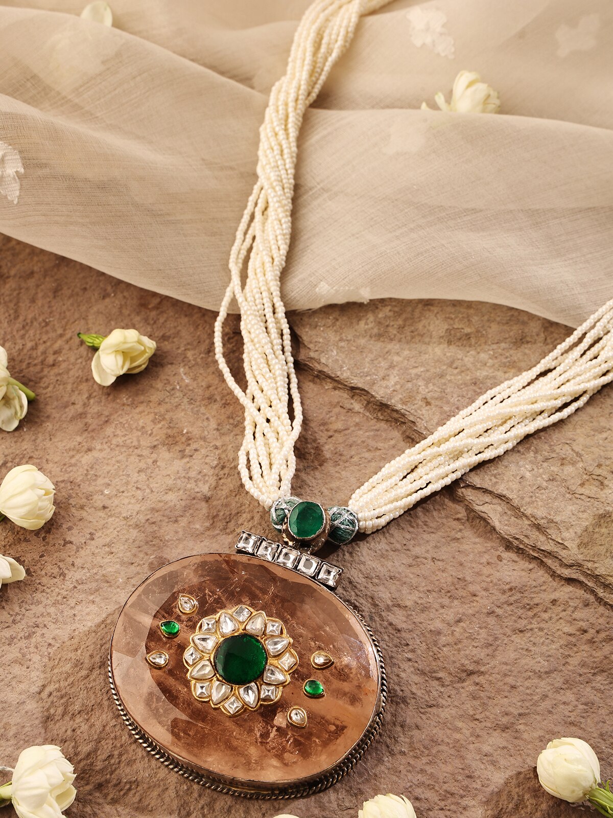 Side view of Silver Smithing Long Necklace showing its elegant length by Swadesh